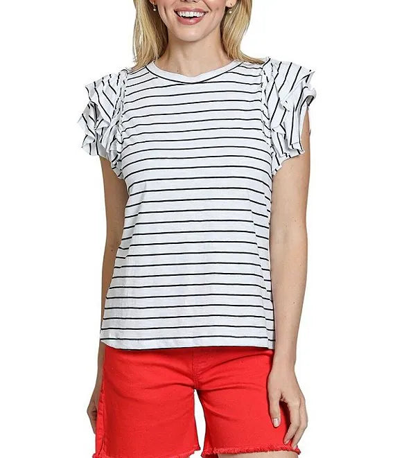 Stripped Ruffle Cap Sleeve Tee