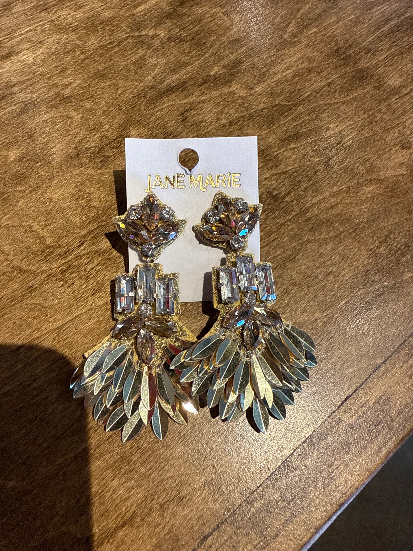 Gold Sequin Fan Earring with Clear Crystals