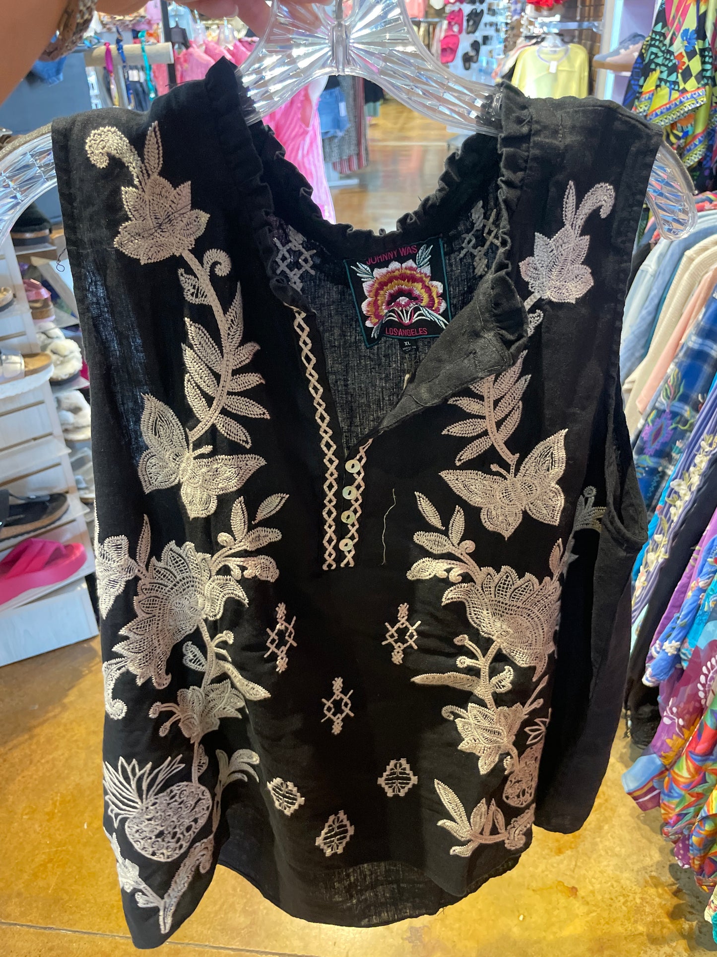 BLACK LINEN RUFFLE NECK TANK-ORLA