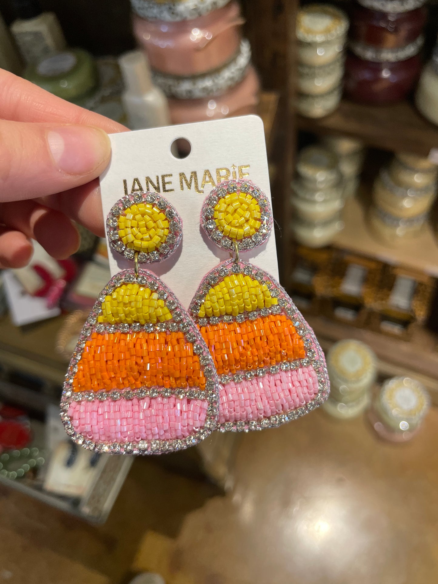 Yellow, Orange, Pink Beaded Candy Corn earrings