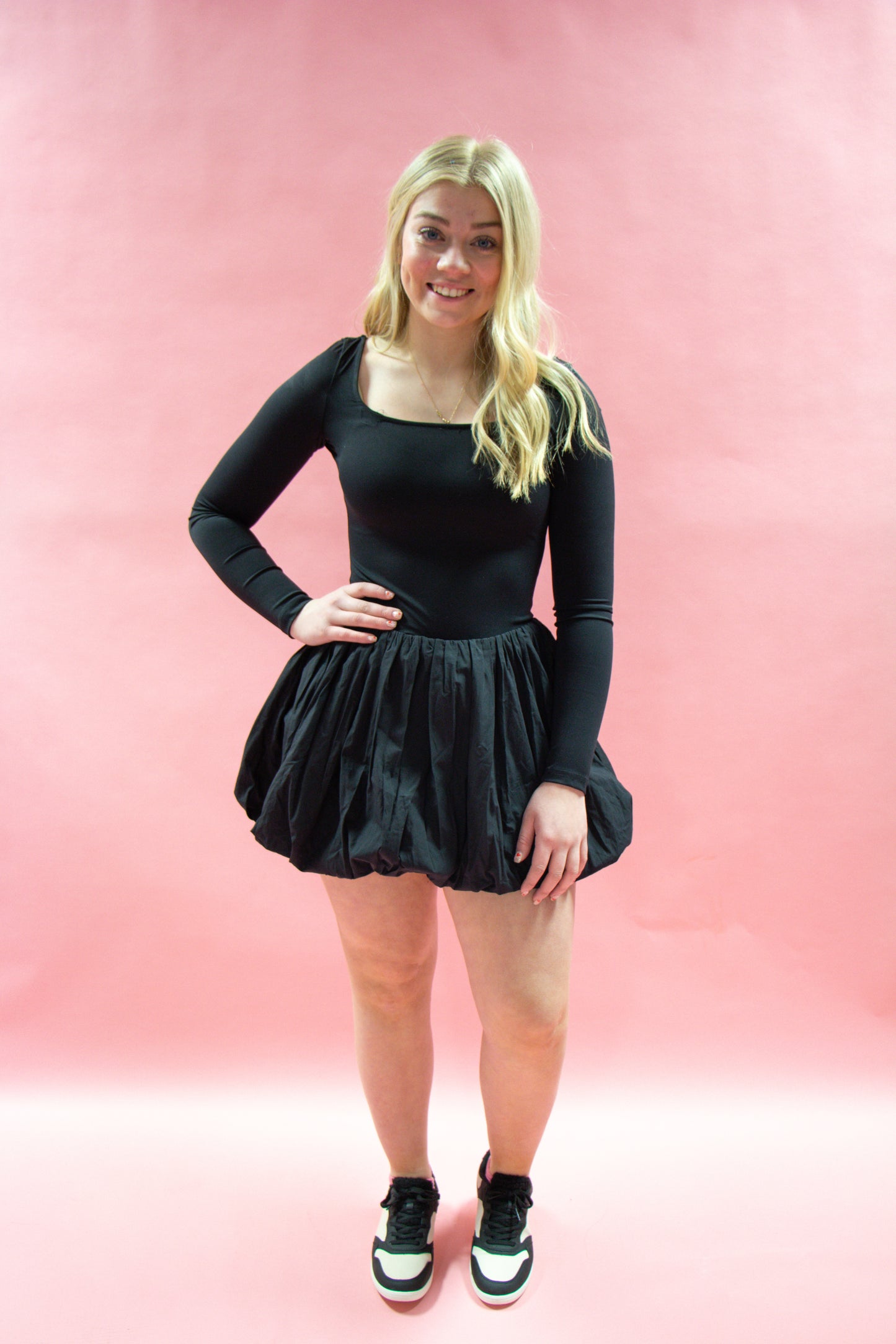 Black Long Sleeve Bubble Skirt Romper