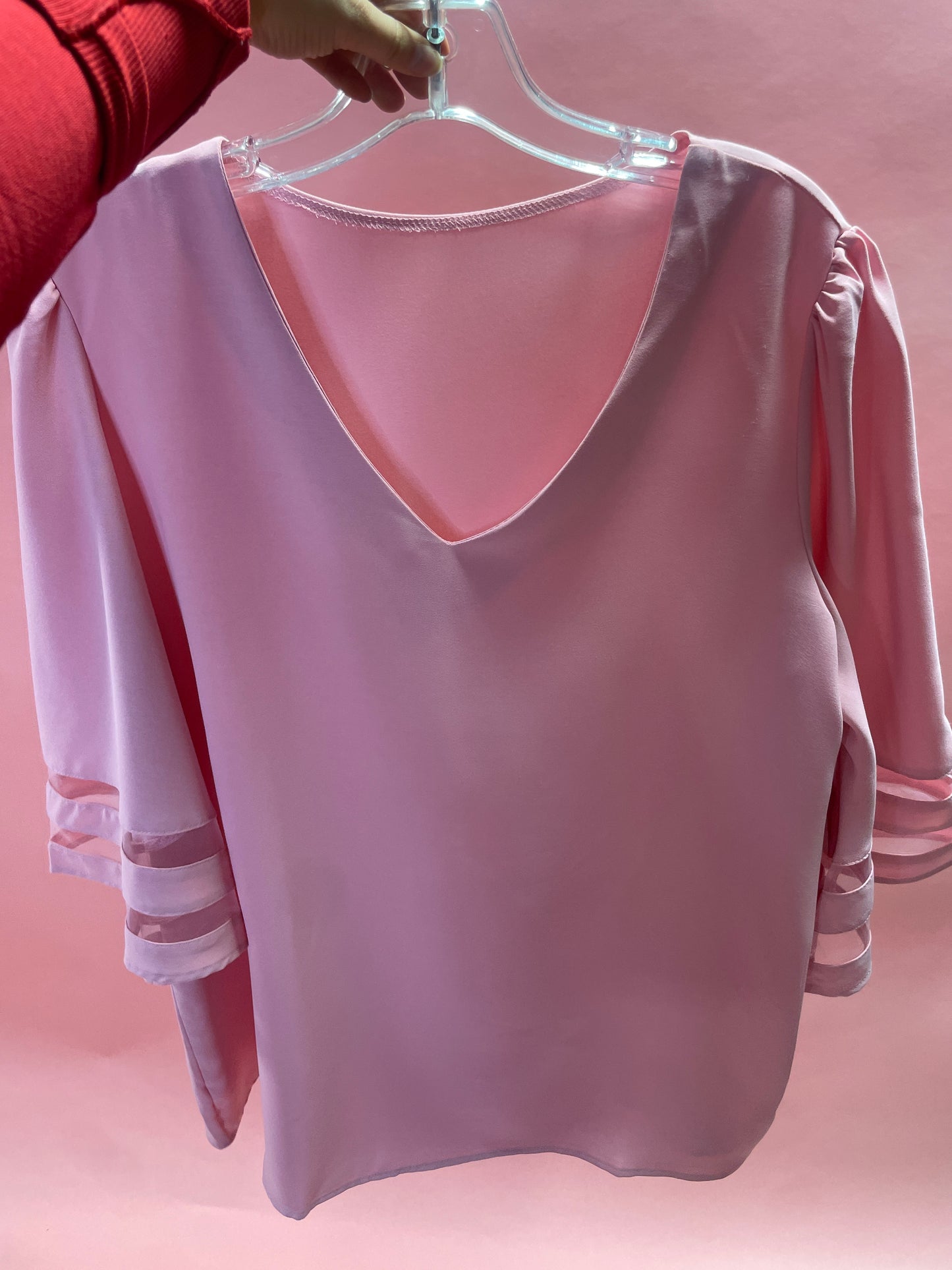 Pink Plus Size Mesh Striped Bell Sleeve Blouse