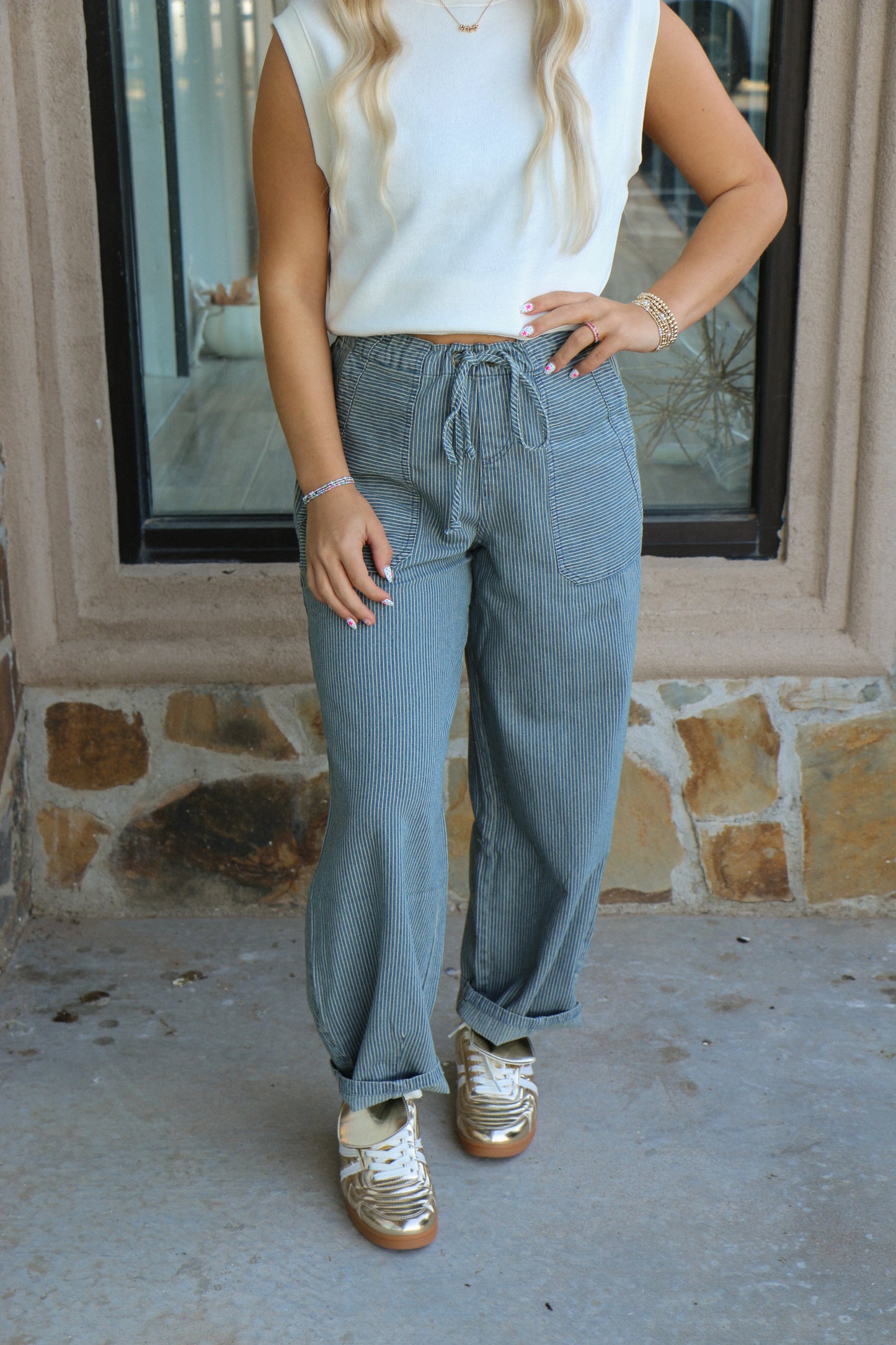 Stripe denim parachute tie pants