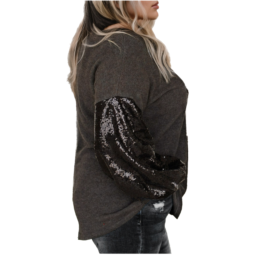 Plus Size Sequin Bubble Sleeve V Neck Knit Top