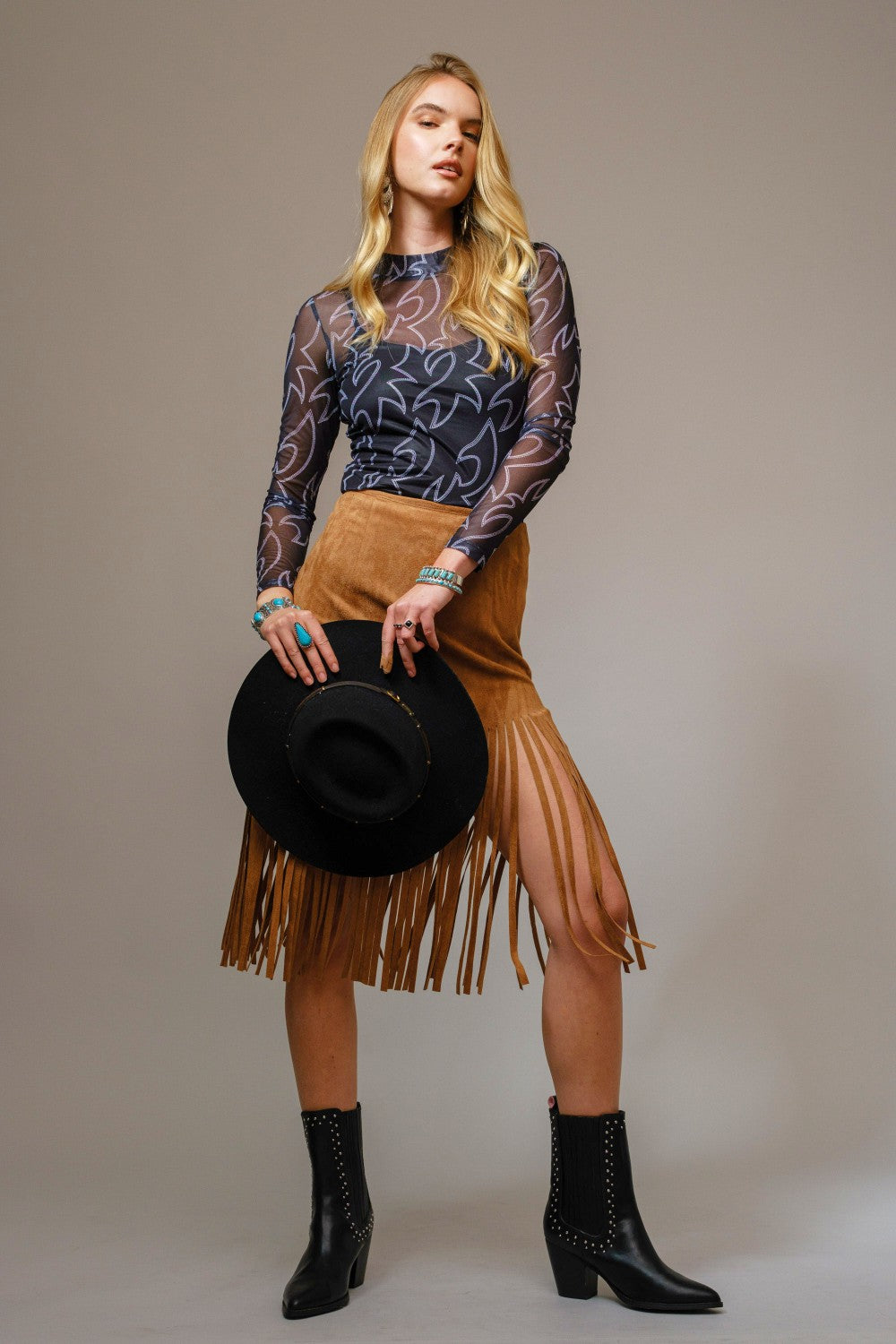 Boots Stitch Throughout Mesh Mock Neck Fitted Top