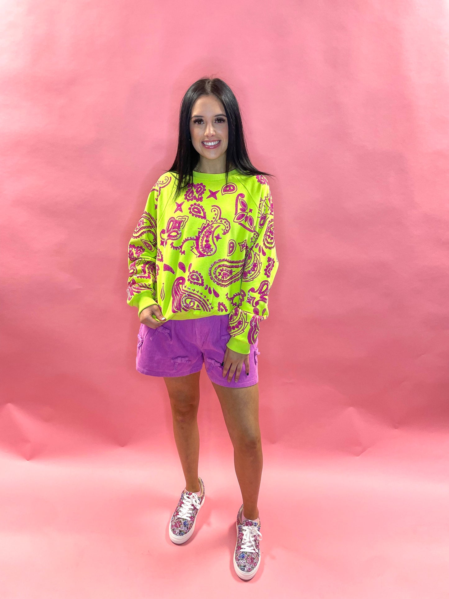 lime green and hot pink crewneck bandana print