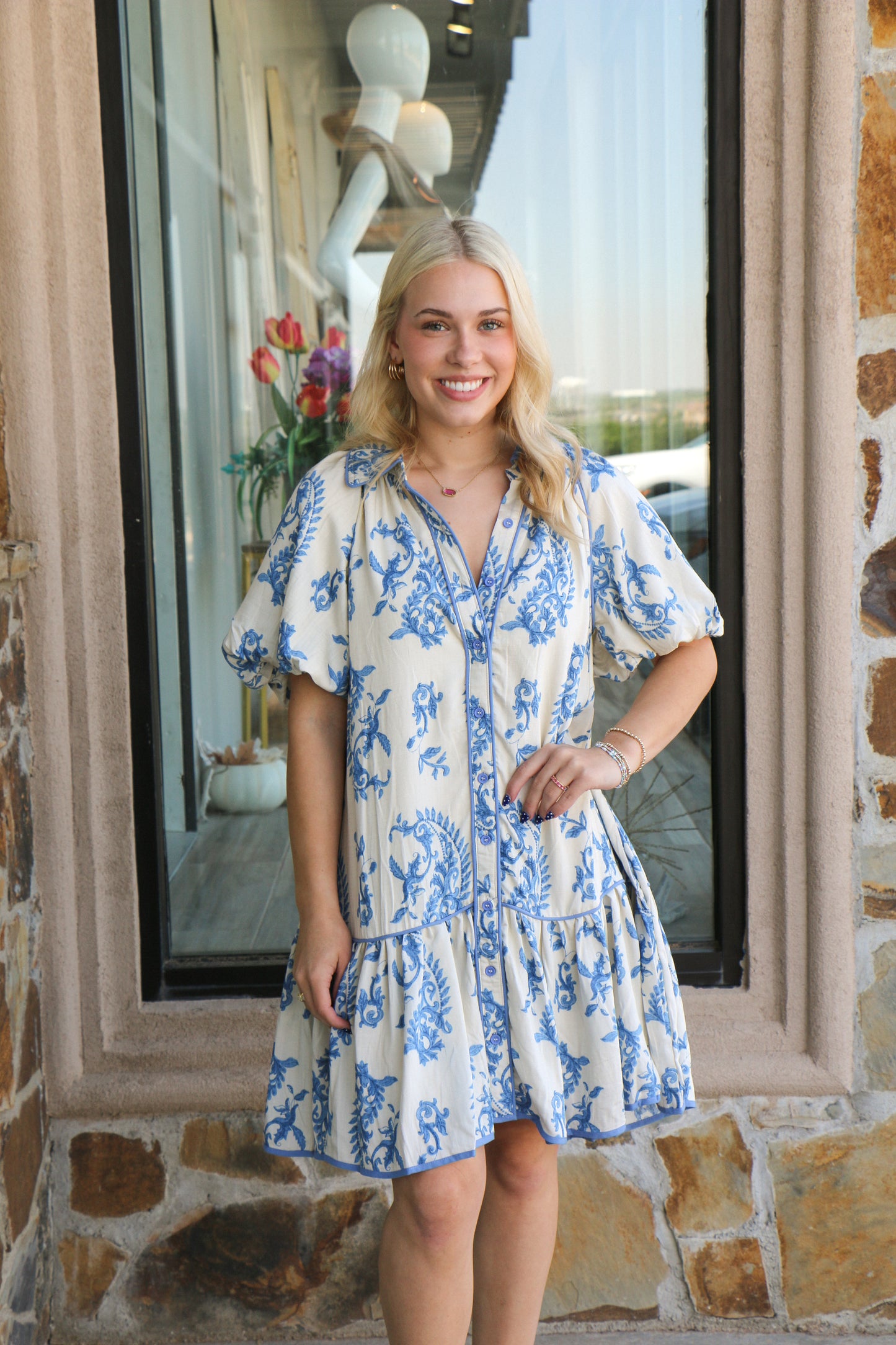 Cream and blue print dress