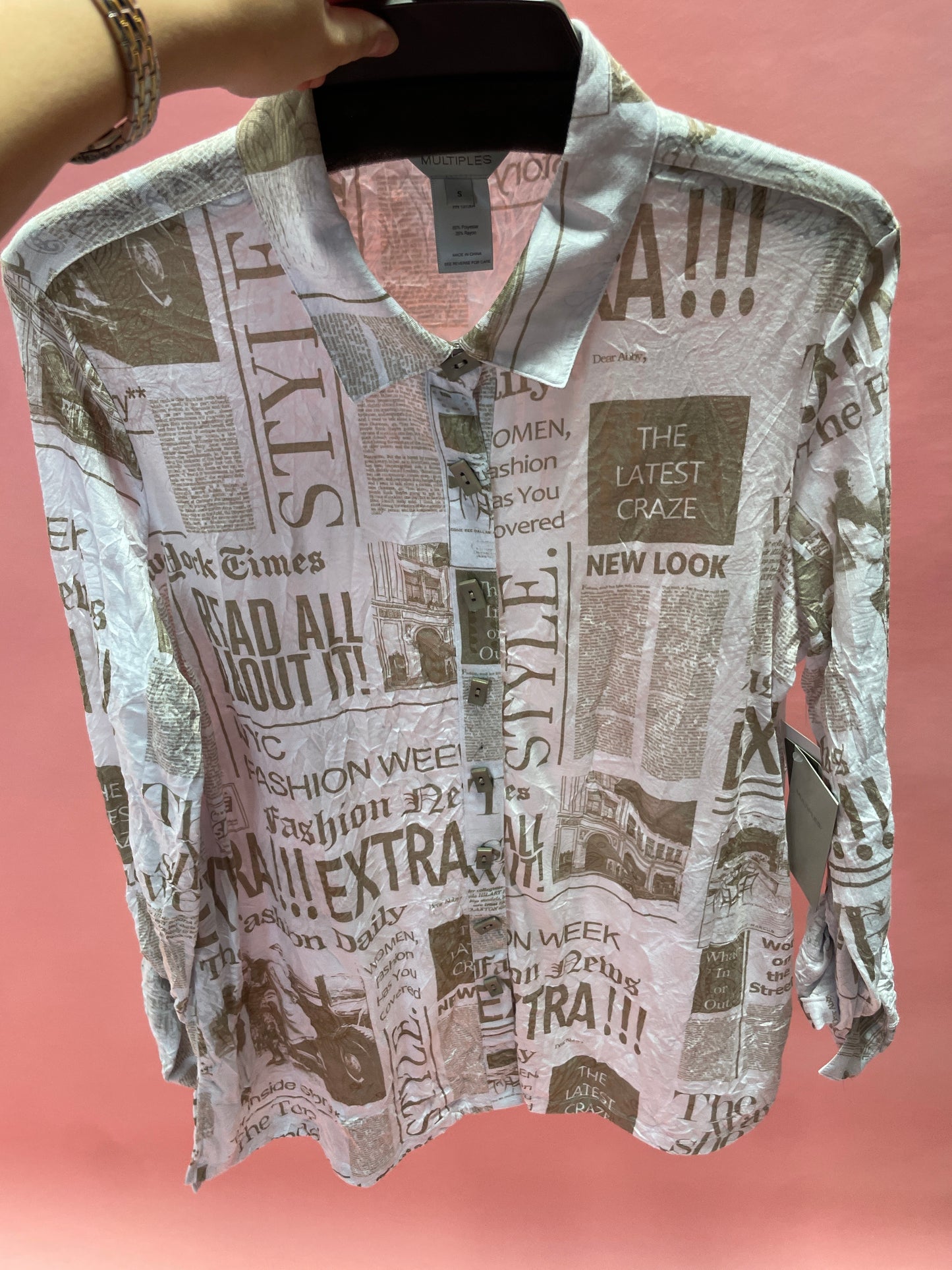 NEWSPAPER 3/4 SLV BUTTON UP