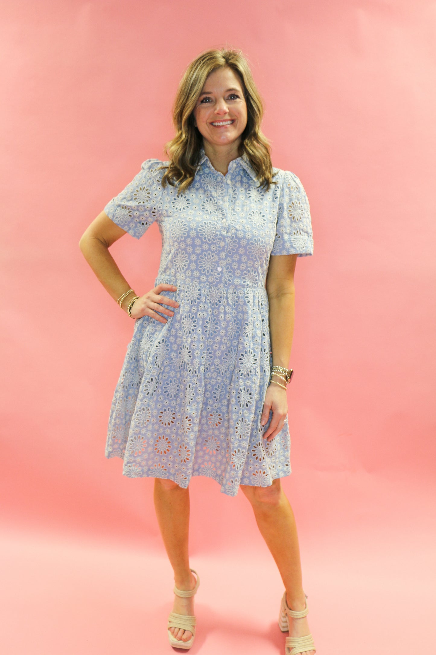 blues white flower embroidered dress