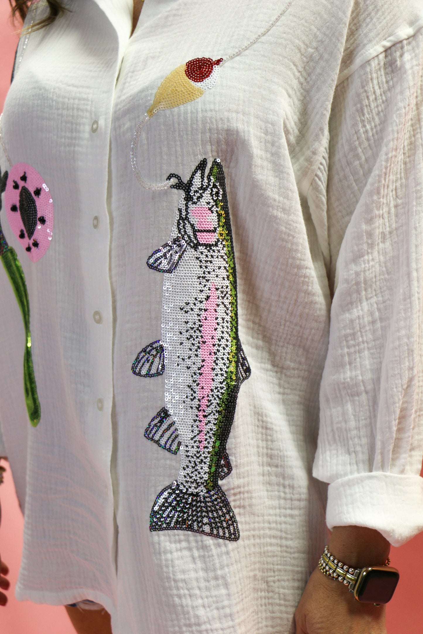 White Fishing Pole With Hooked Fish Gauze Button Up Collar Dress