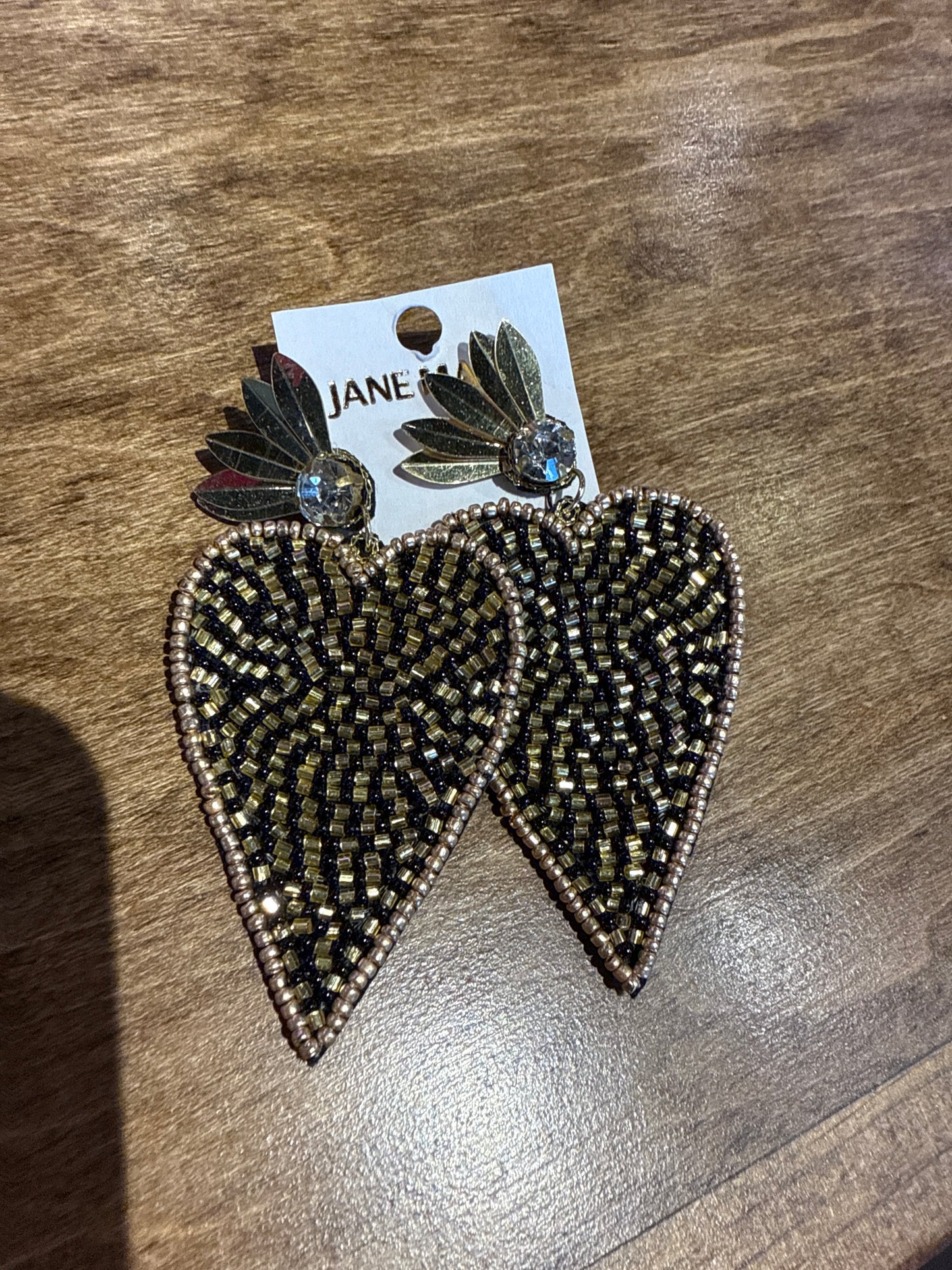 Black, Gold Beaded Heart Earring with Sequin Post