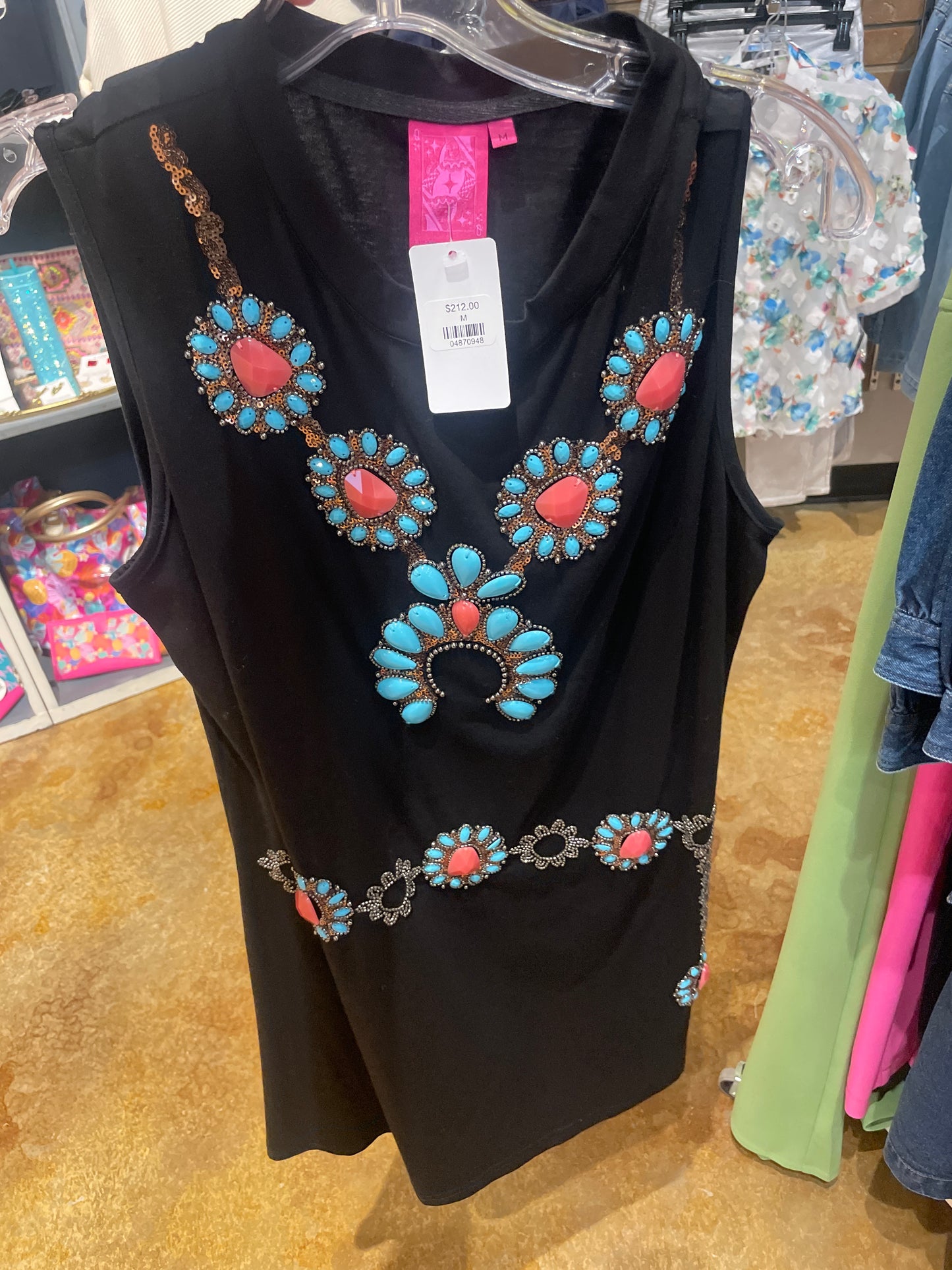 Black Turquoise Necklace & Belt Tank Dress