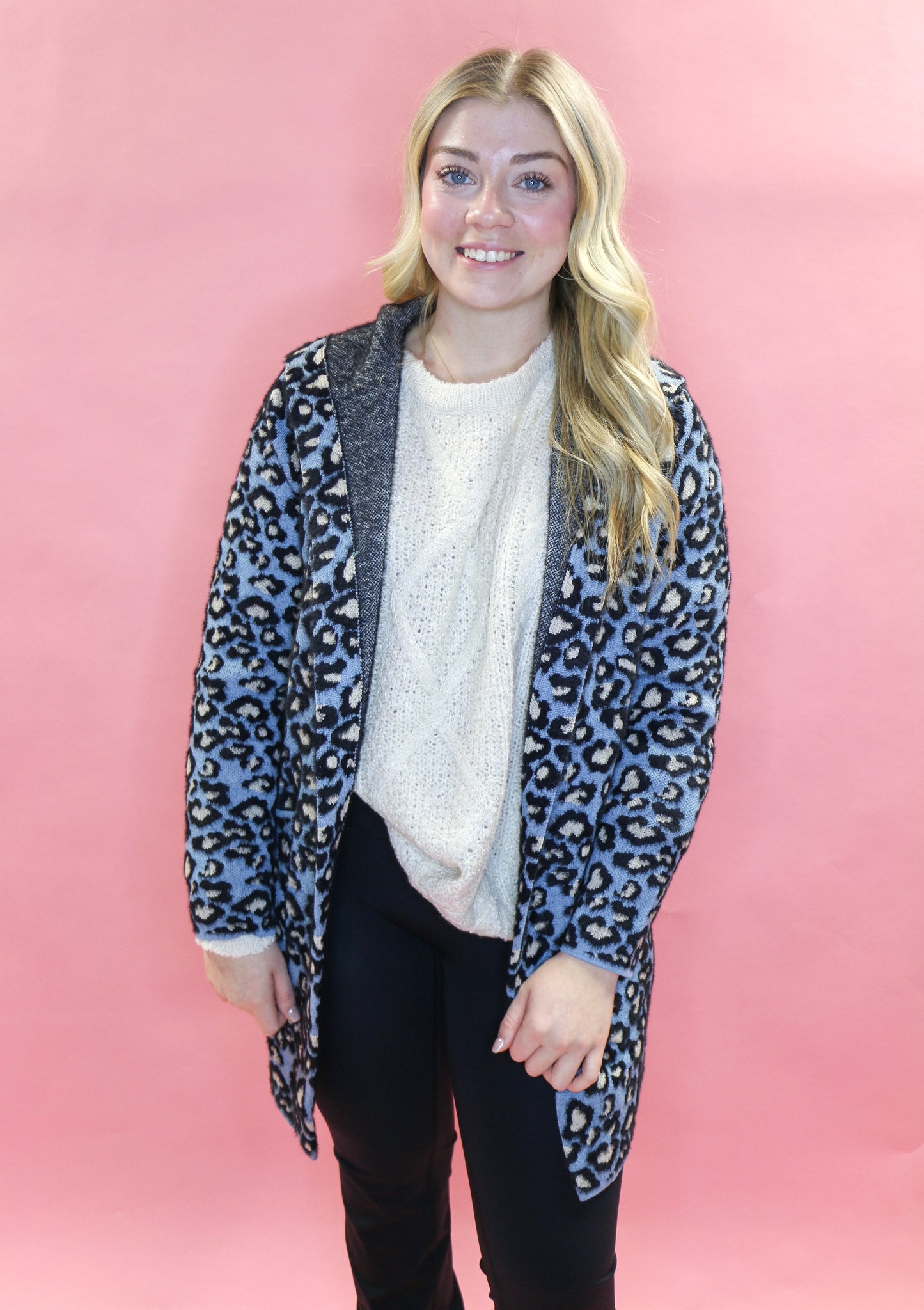 Open Front Plush Cozy Coat w/Hoodie blue leopard