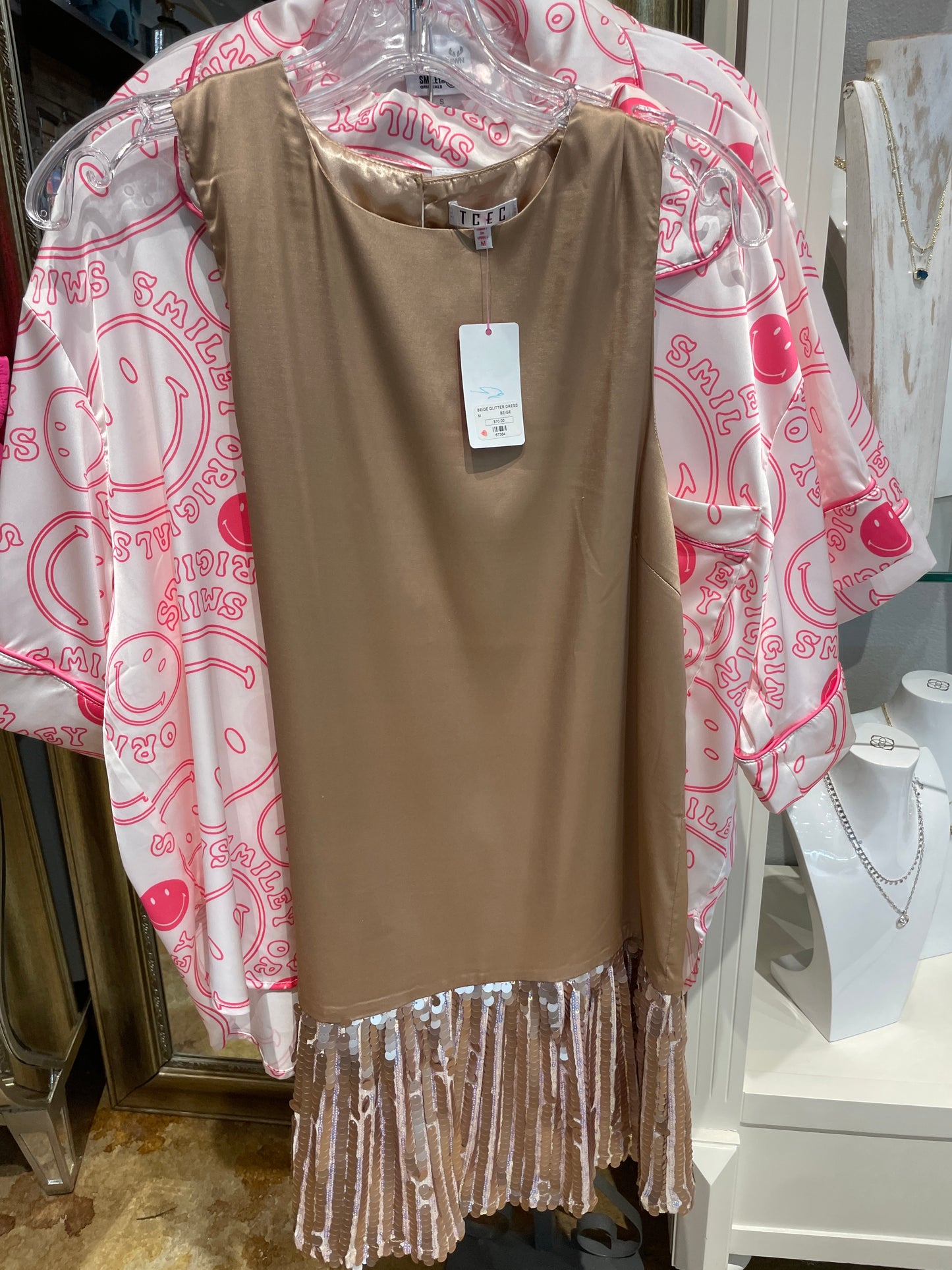 BEIGE GLITTER DRESS BEIGE