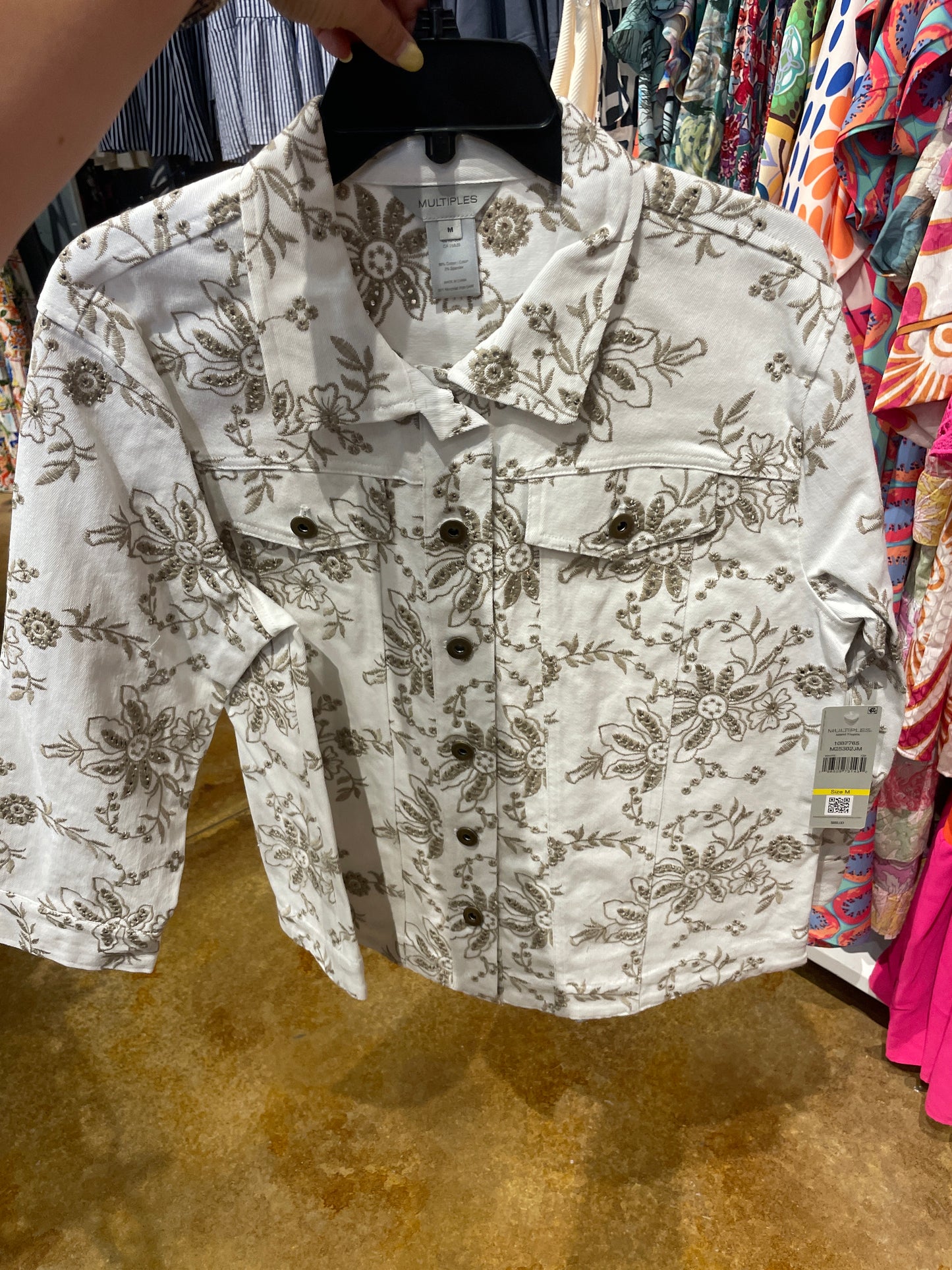 white denim jacket with stone embro flowers