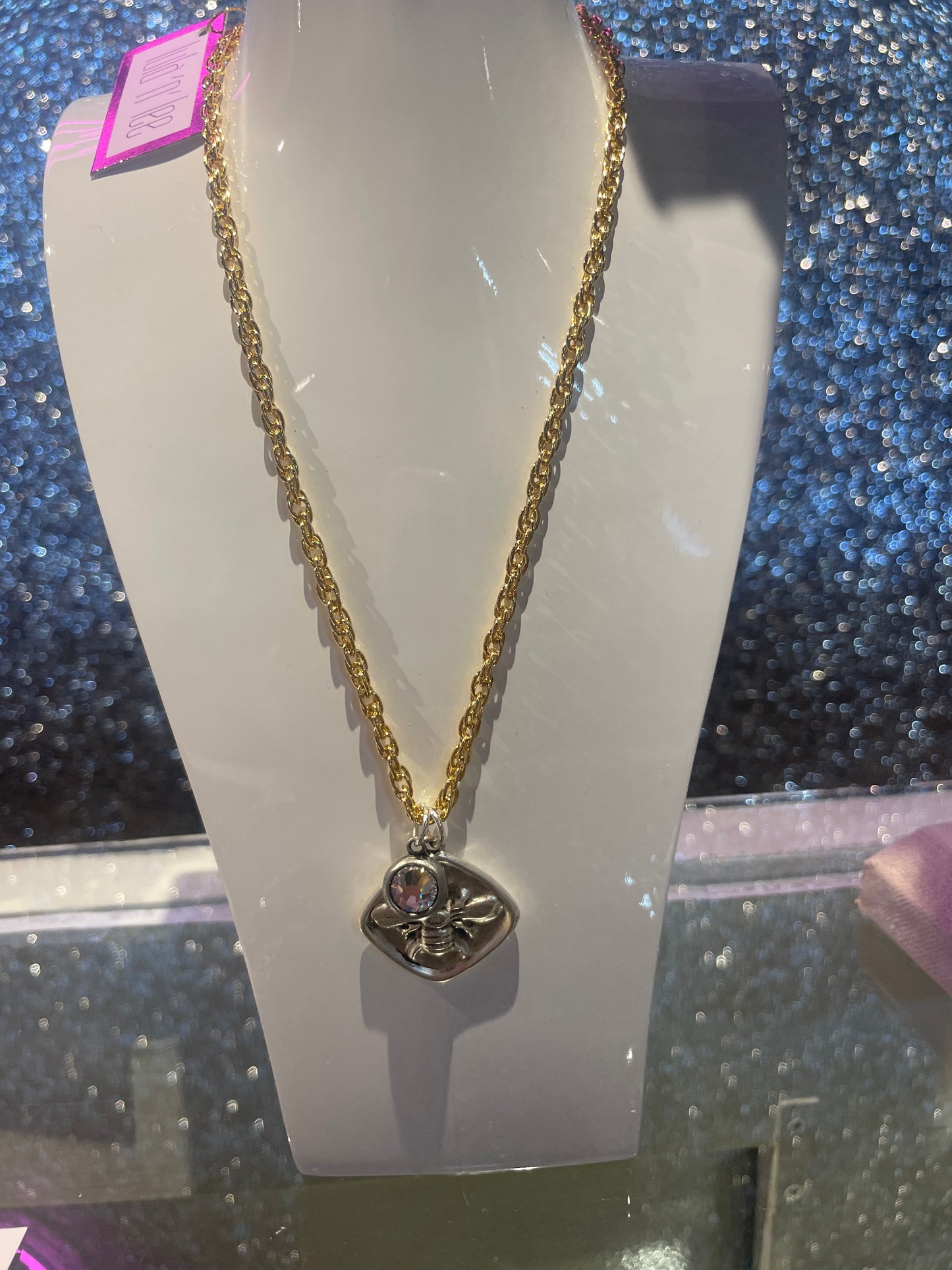 17" gold plated chain necklace with antique silver and pave pendent