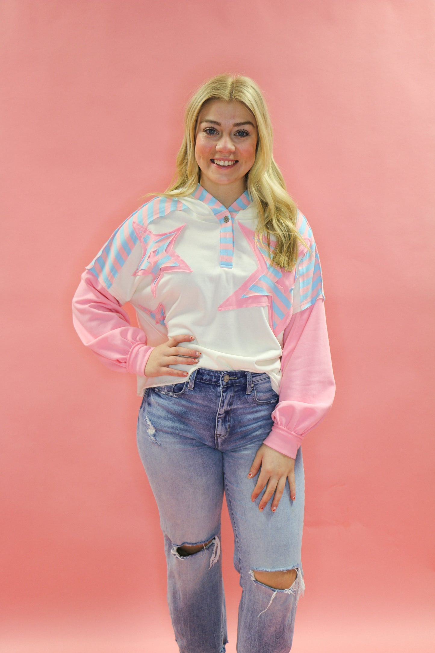 Stripe Star Patch Hoodie Top