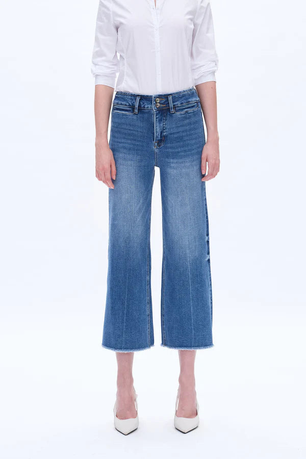 Medium blue high rise wide leg jean
