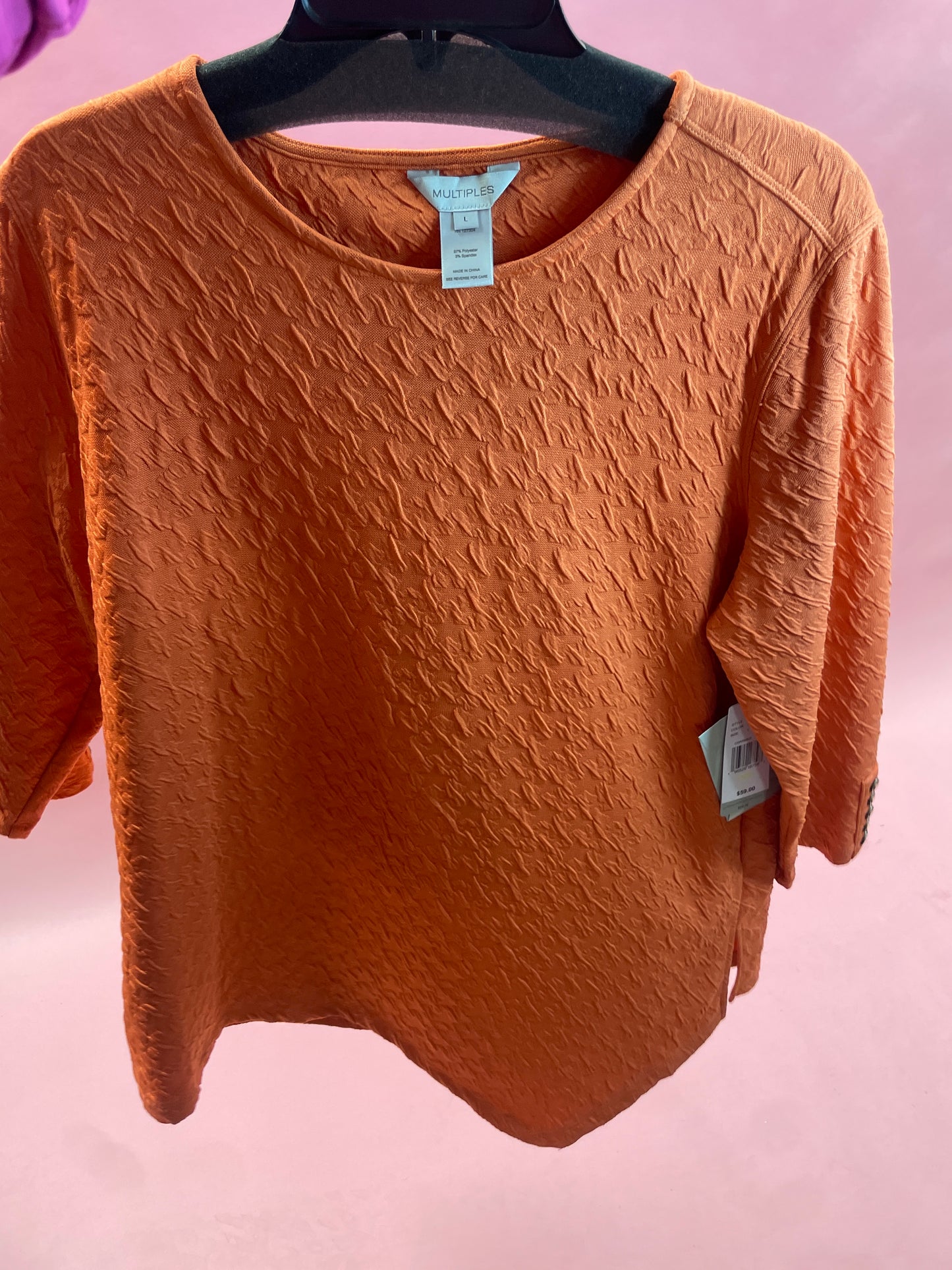 5 BTTN 3/4 SLV SCOOP NK ASYMM HEM TOP