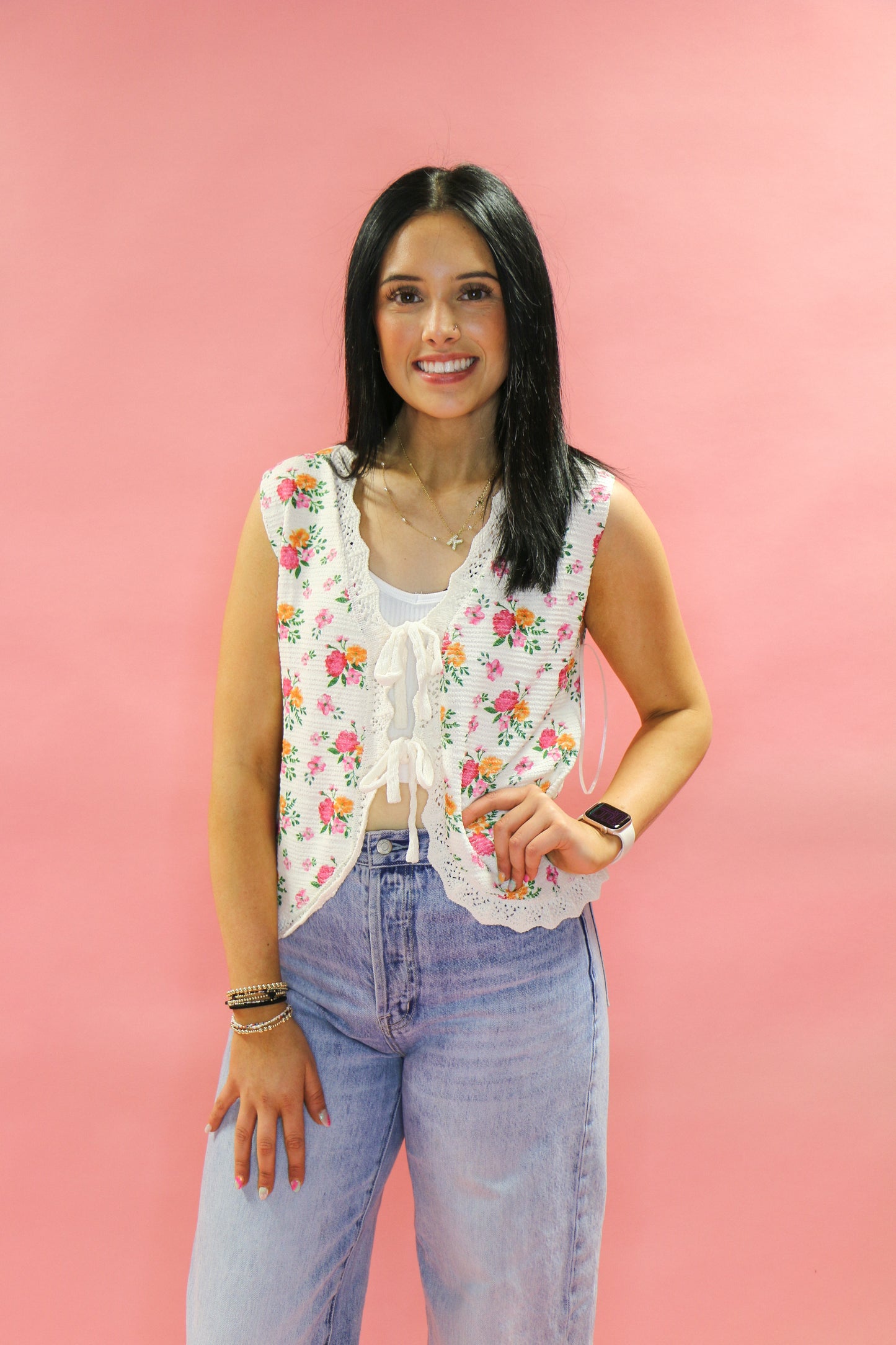 Tie Front Floral Print Knitted Sweater Vest Top With Scallop Edge
