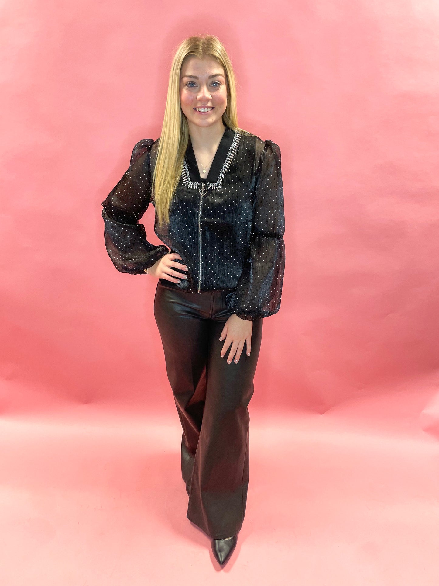 Black Sparkly Zip Up Jacket w Mesh Sleeve