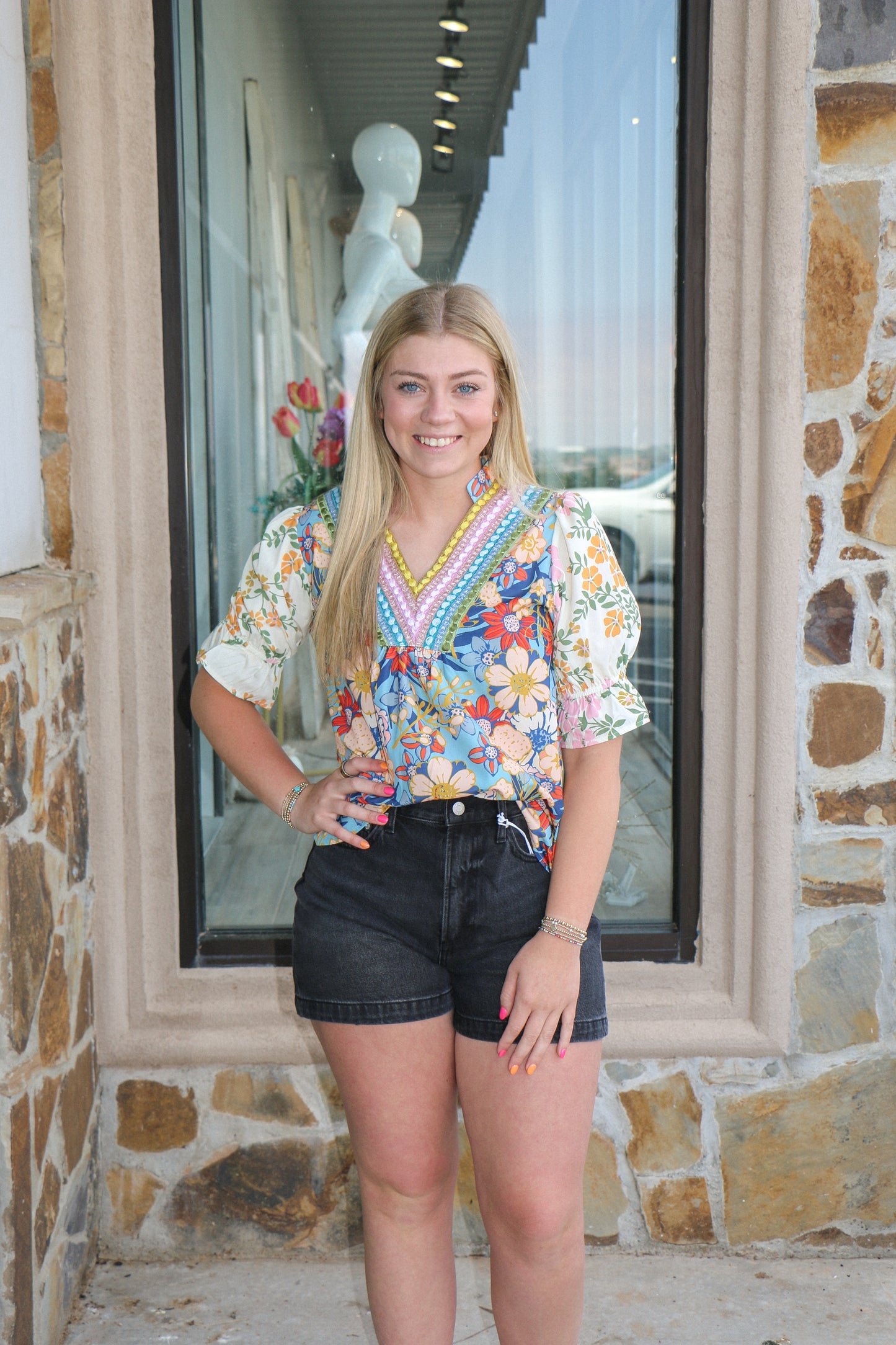Multicolor crochet V Neck Half Sleeve Boho Floral Blouse