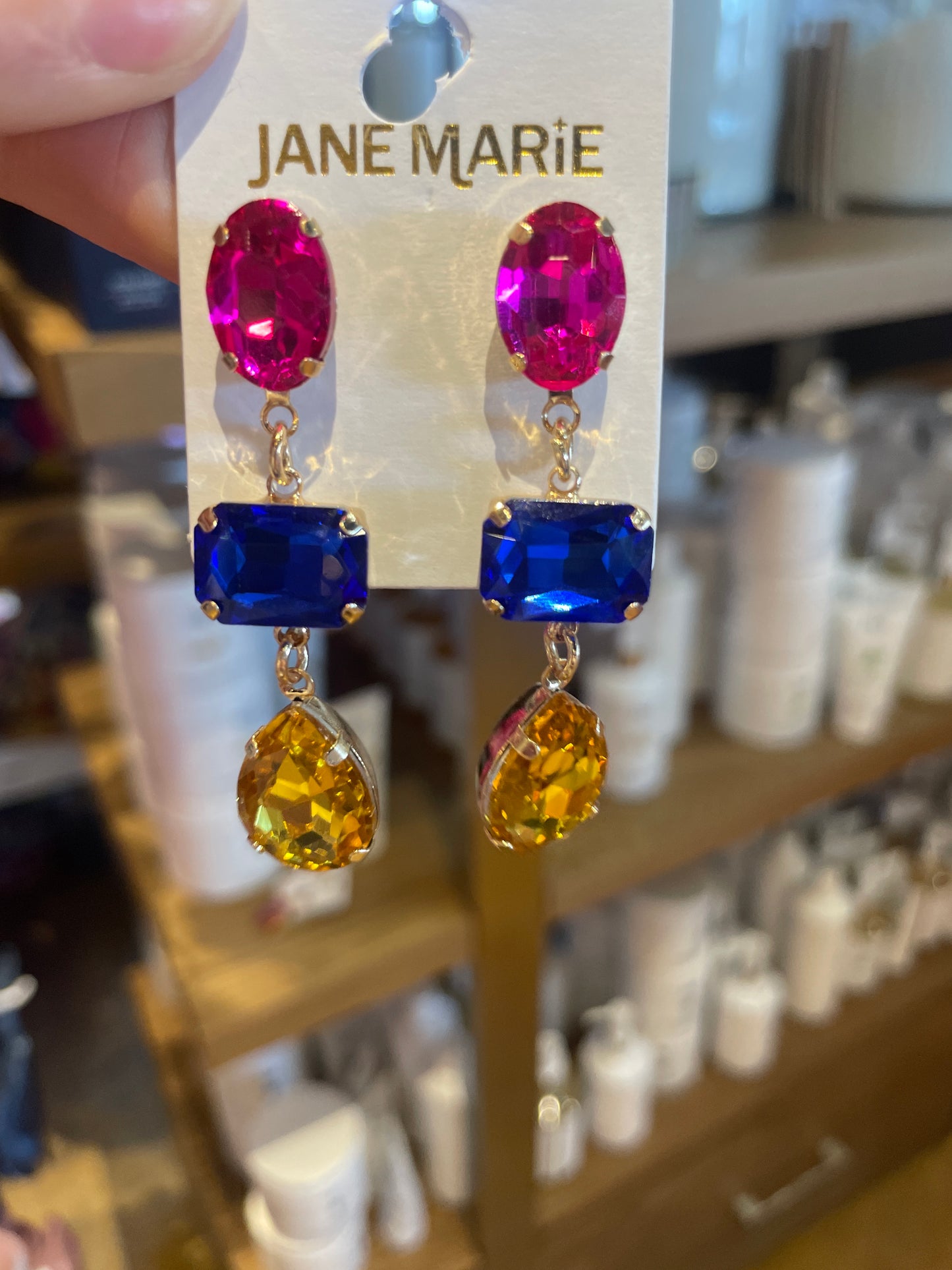 Hot Pink Oval, Deep Royal Blue Emerald Crystal, Golden Yellow Teardrop Crystal
