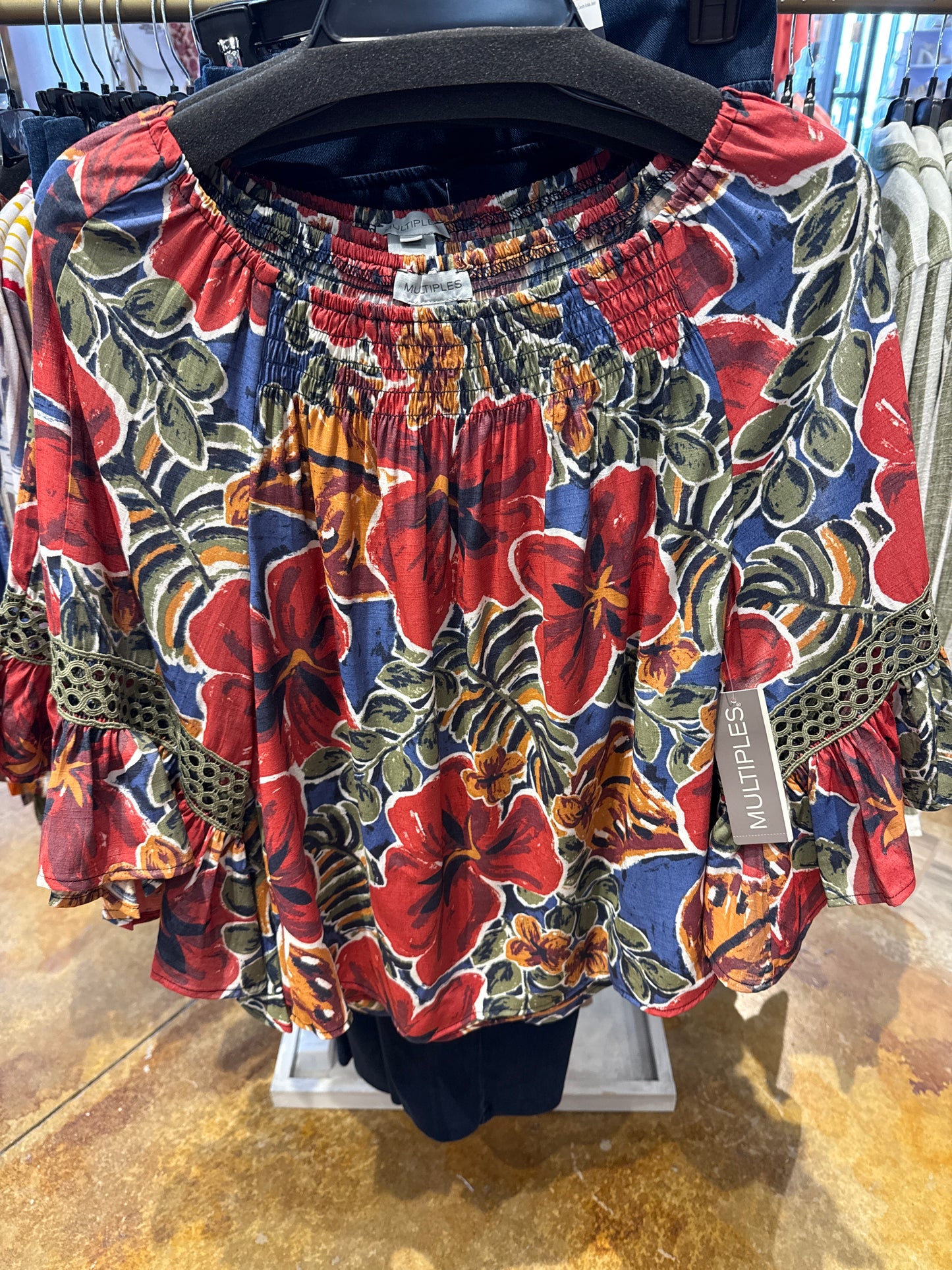 stretch neck floral design blouse