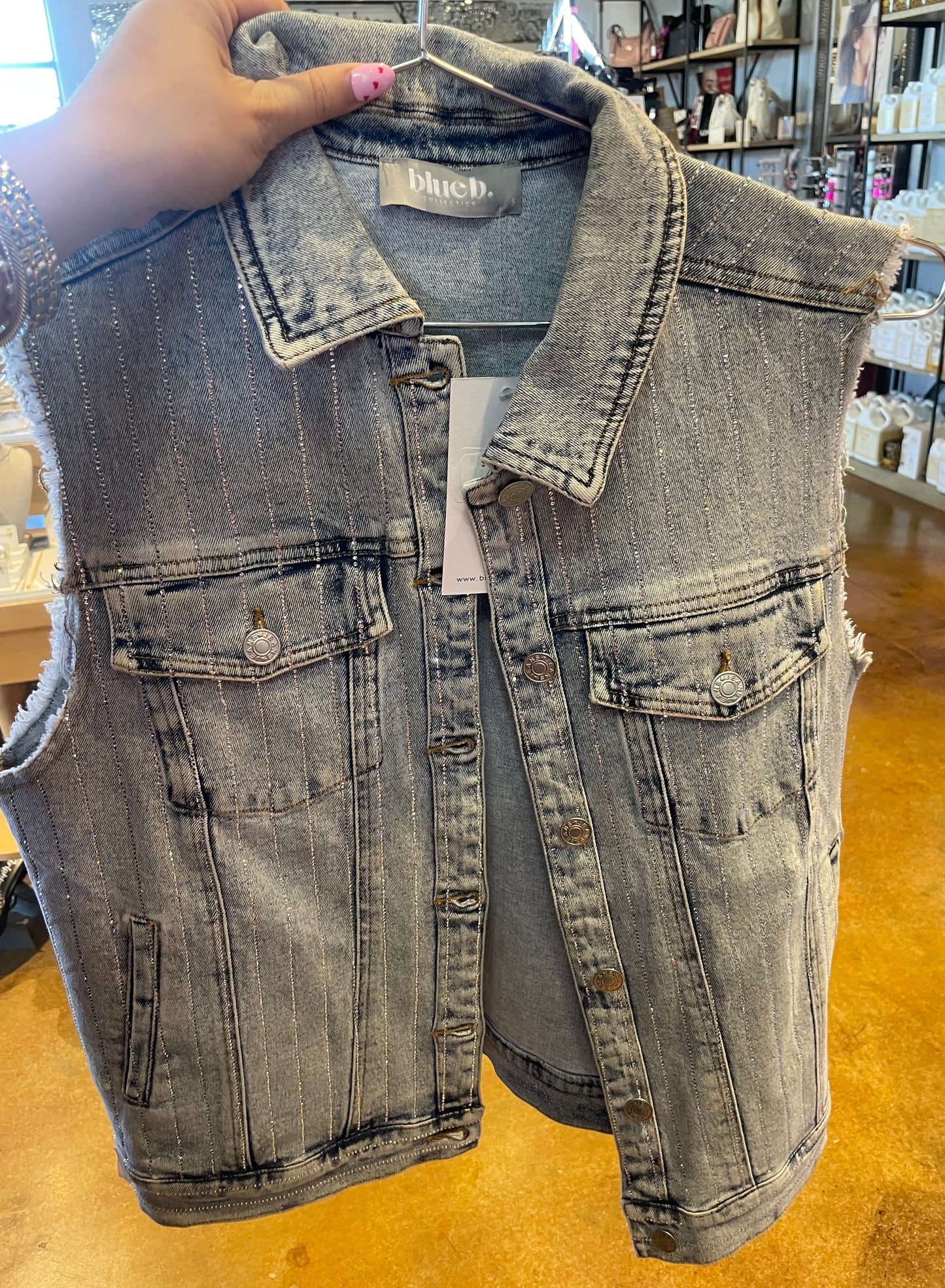 GARMENT WASHED RHINESTONE STRIPE EMBELLISHED LOOSE DENIM VEST