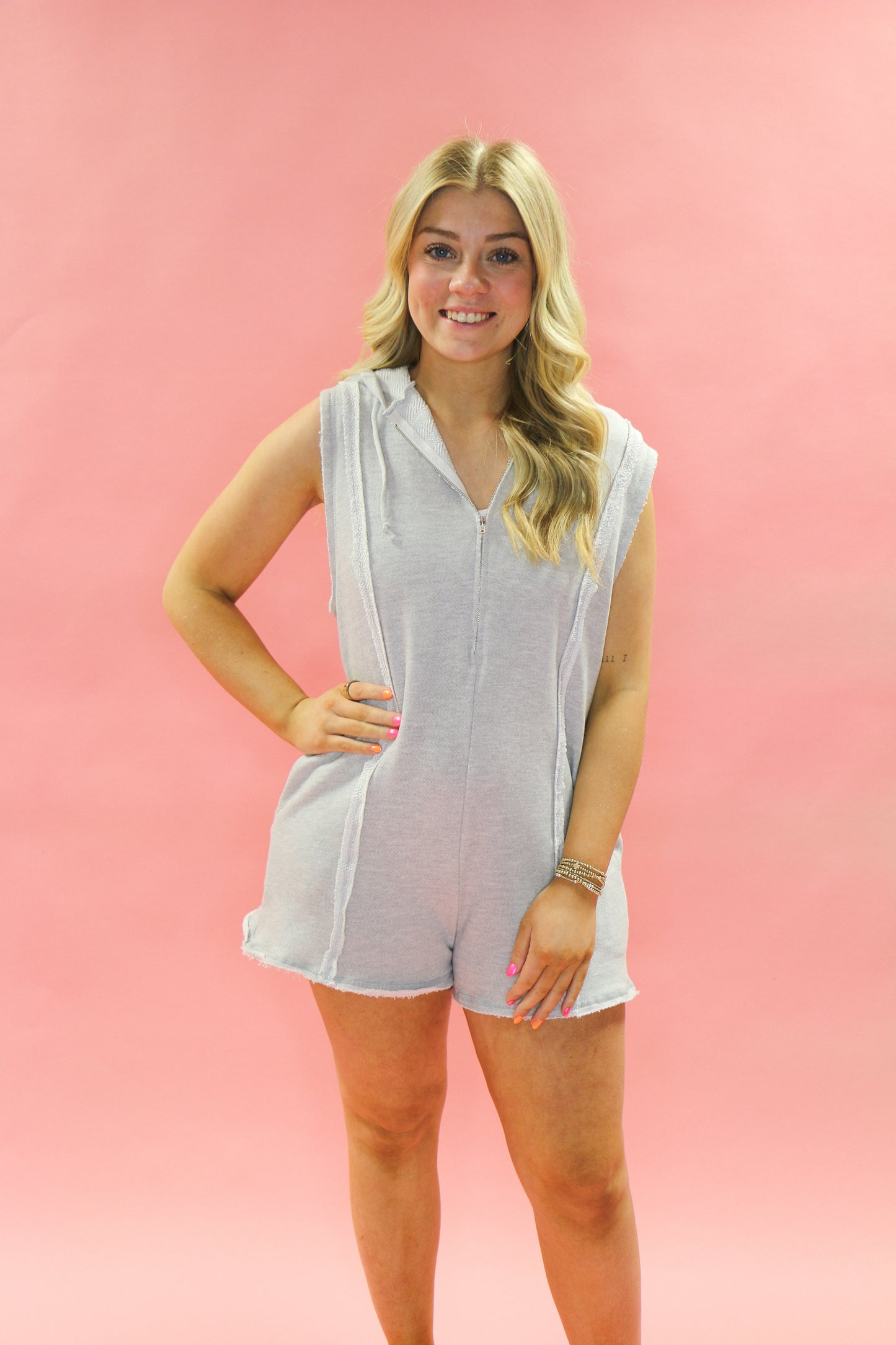 sleeveless zip up front hoodie romper grey