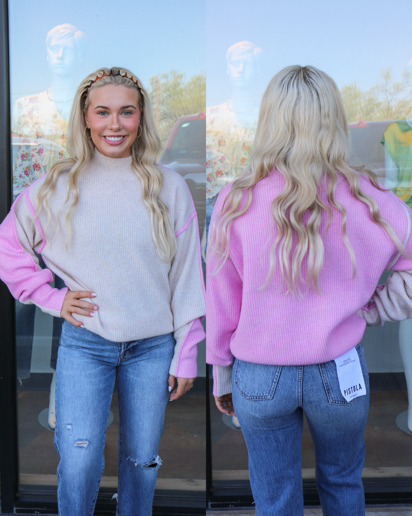Cream and light pink mock neck sweater