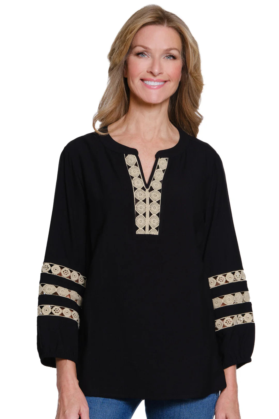 3/4 Slv Band Nk Notch Top W/ Lace