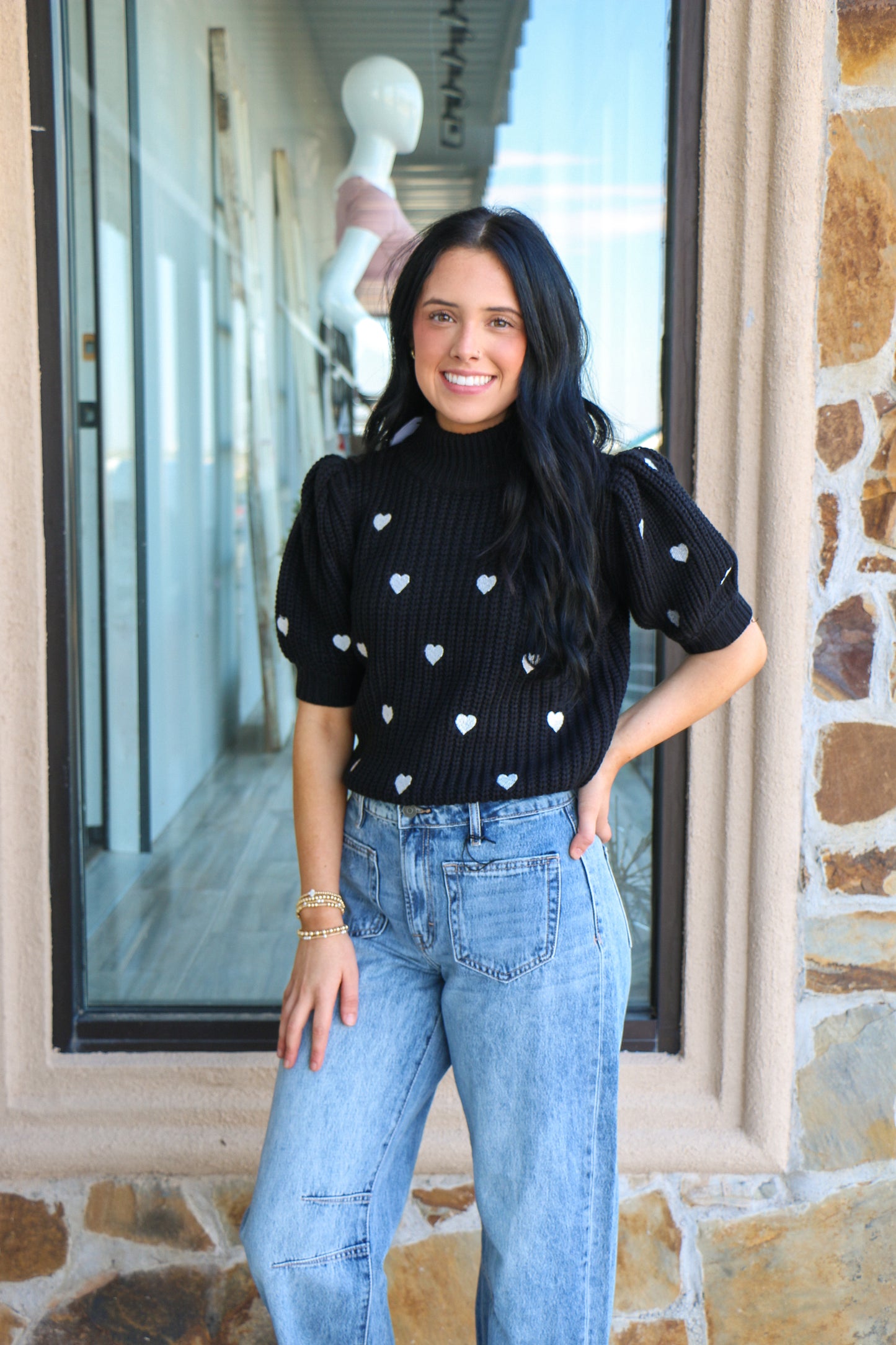 Black heart shaped embroidery sweater
