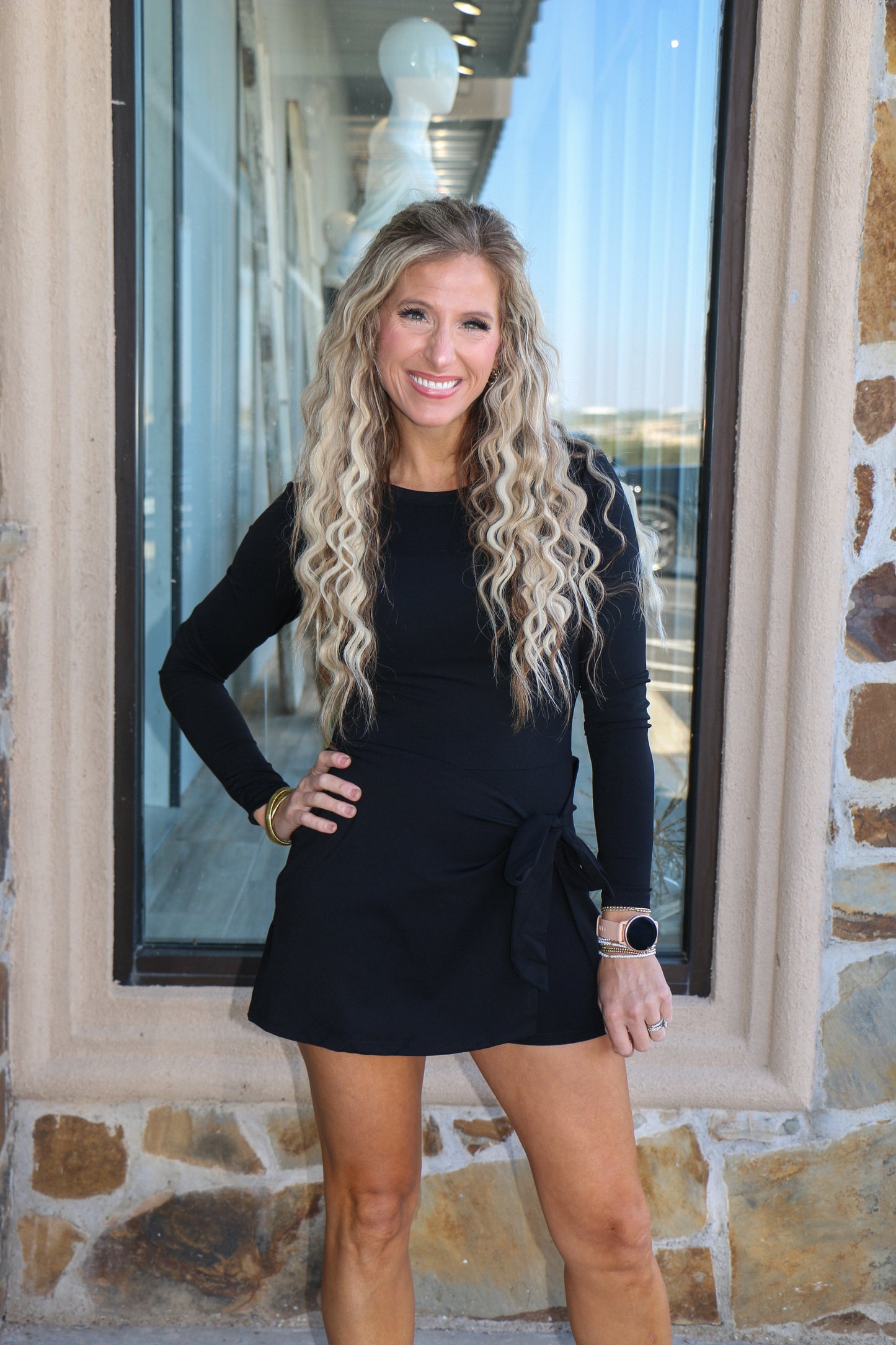 Black long sleeve front tie dress