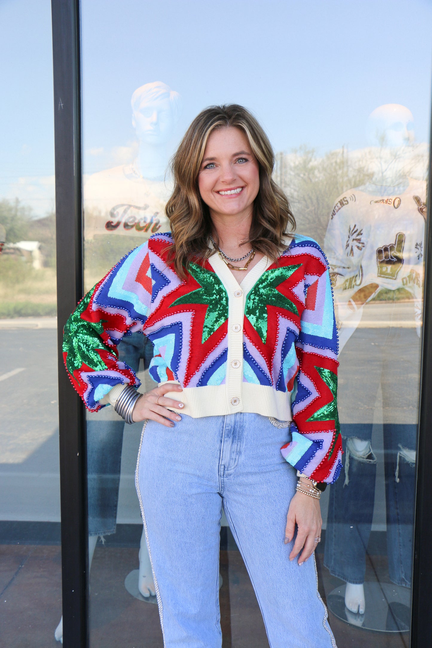 Cream, Red, Green, Blue & Purple Starburst Cardigan