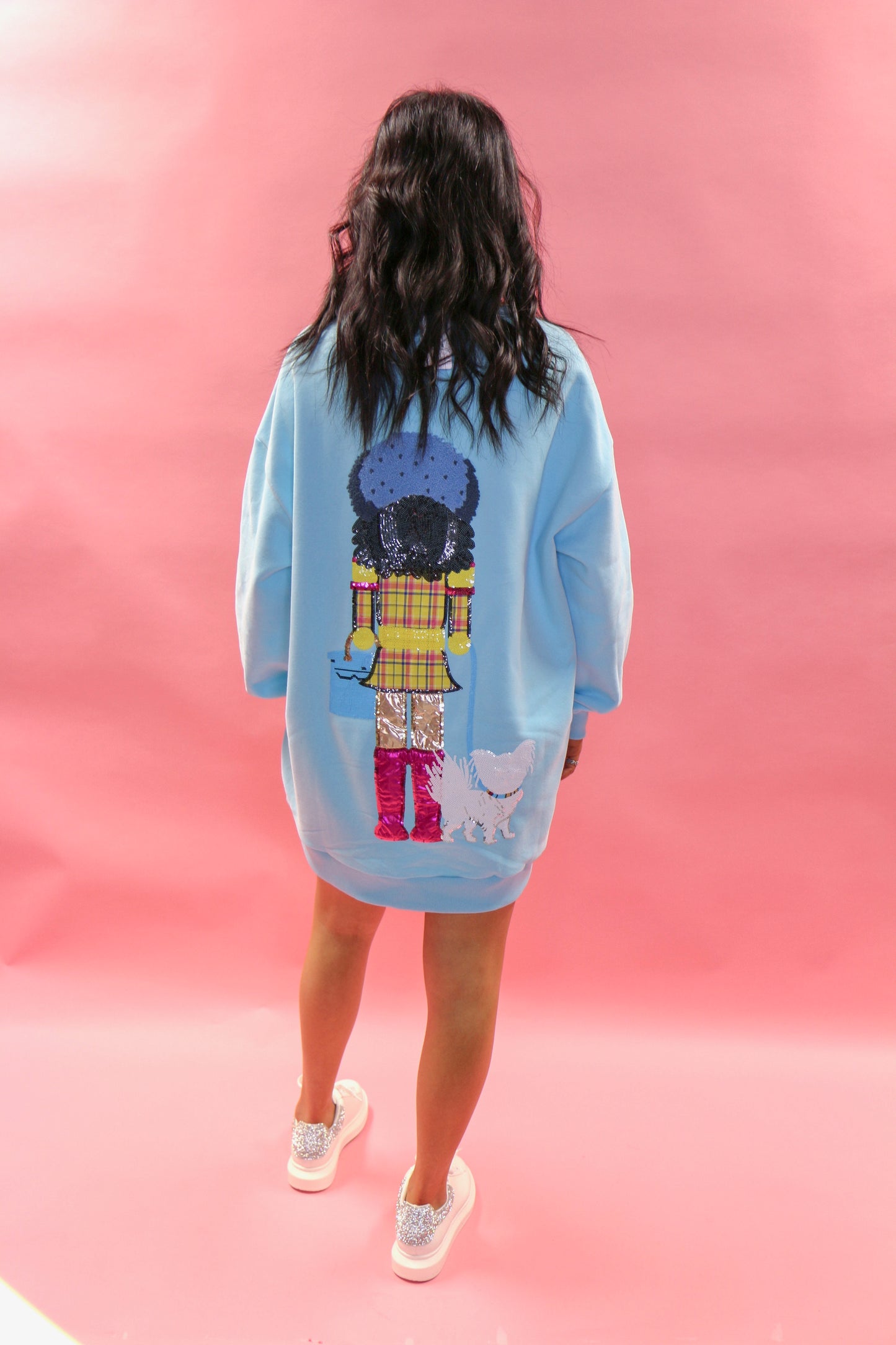 Bright Blue Brunette Haired lady Nutcracker Sweater Dress