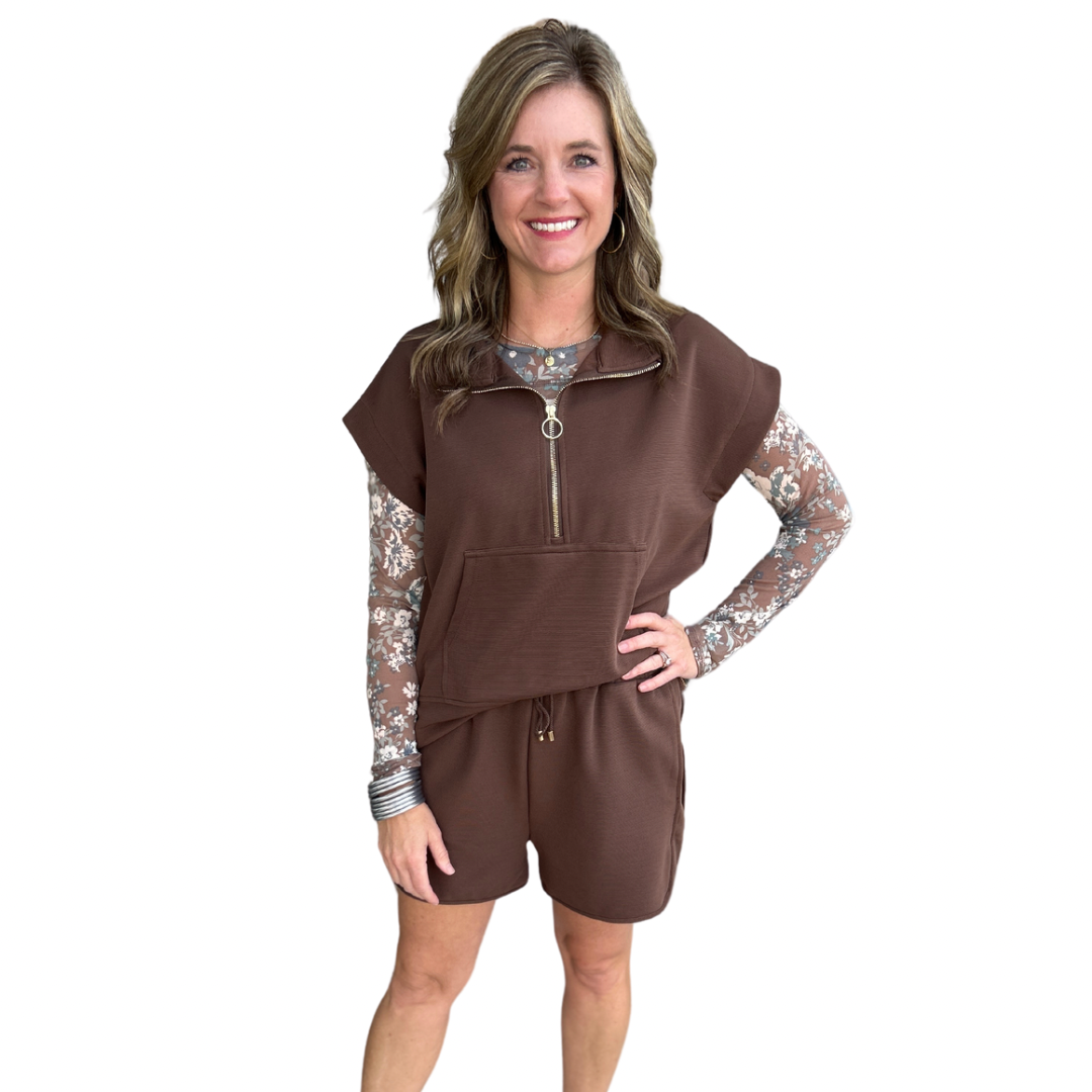 Solid Ribbed Short Sleeve Half Zip top