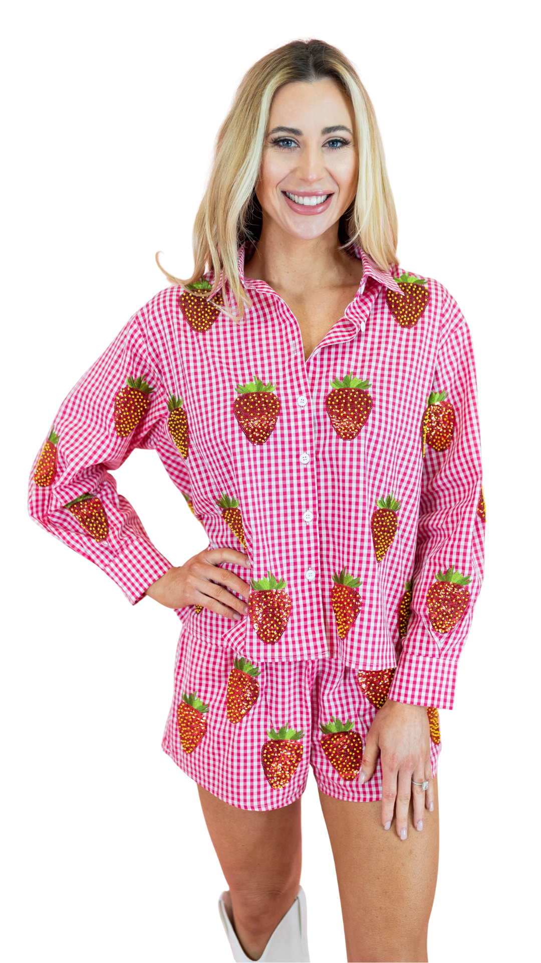 Red & White Gingham Beaded Strawberry Button Up