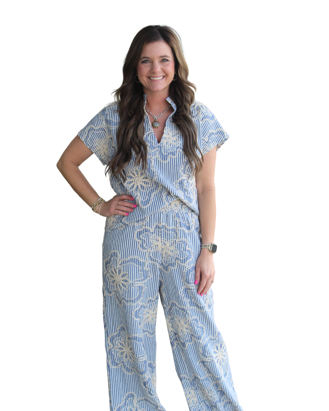 Short Slv Striped Floral Embroidery Top