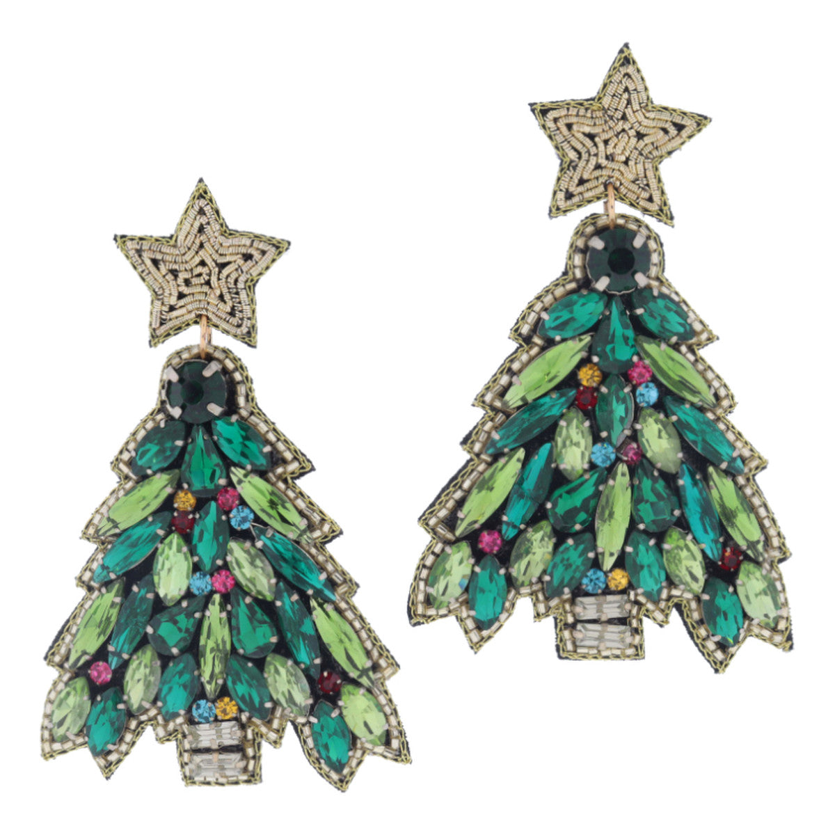 Gold Star Post w Multi Green Crystal and Multi Mini Crystal Christmas tree Earrings