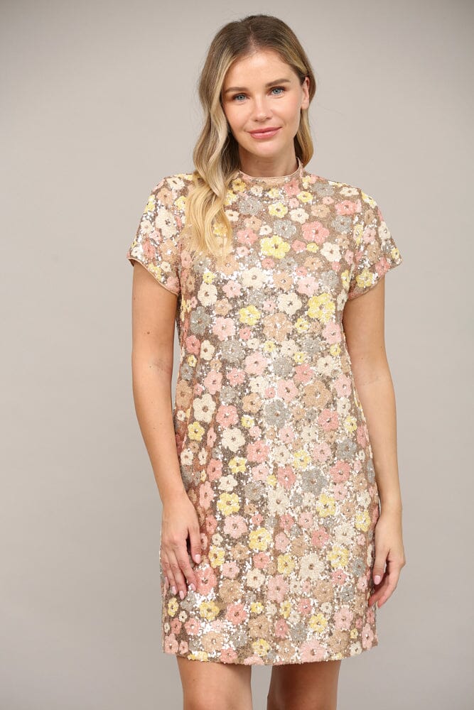 Mock Neck Floral Sequin Shift Dress