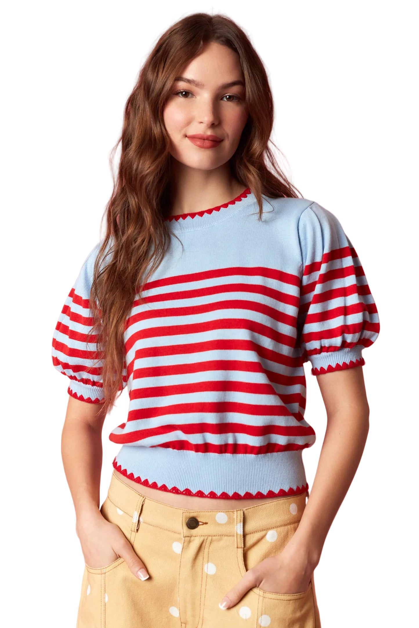 Red & light blue stripe puff sleeve sweater