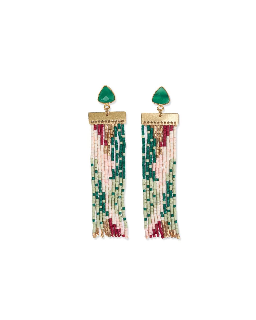 LILAH SEMI PRECIOUS STONE POST WITH ORGANIC SHAPES AND BEADED FRINGE