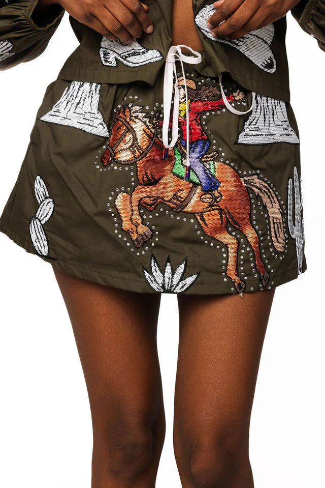 QOS Dark Green & Ivory Western Icon Bucking Cowgirl Skirt