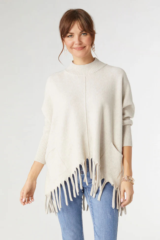 luxe flowy mock neck fringe sweater