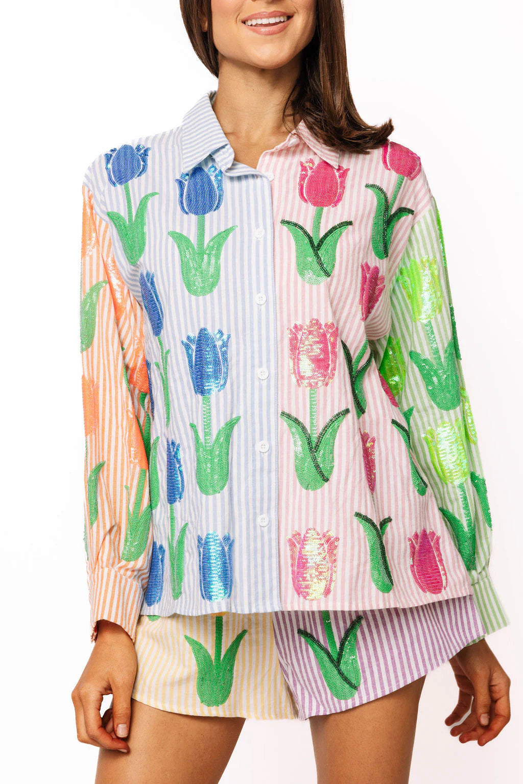 Striped Colorblock Sequin Tulip Button Up