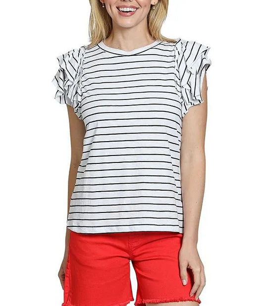 Stripped Ruffle Cap Sleeve Tee