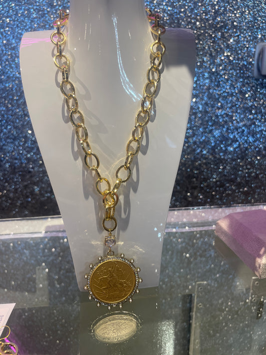 17" gold plated chain necklace with coin replica and crystal connector