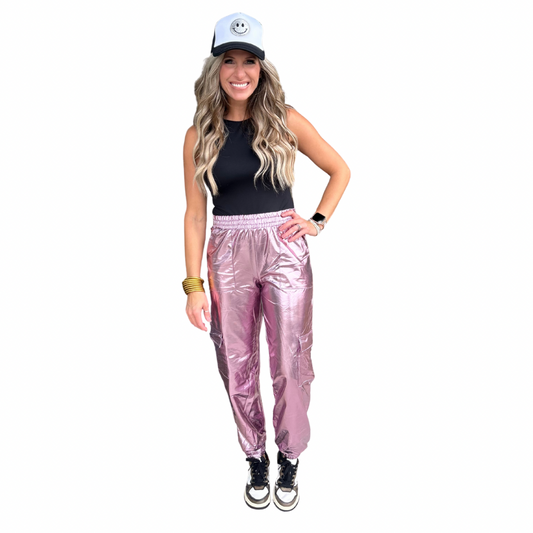 Pink Metallic Cargo Pants