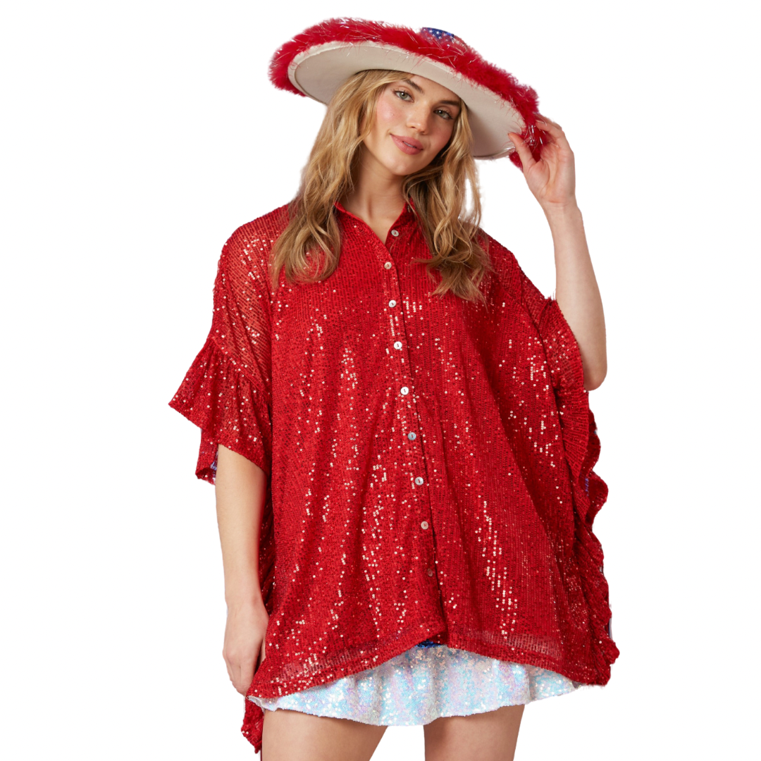 Sequins Poncho Button Down Top W/ Side Ruffle
